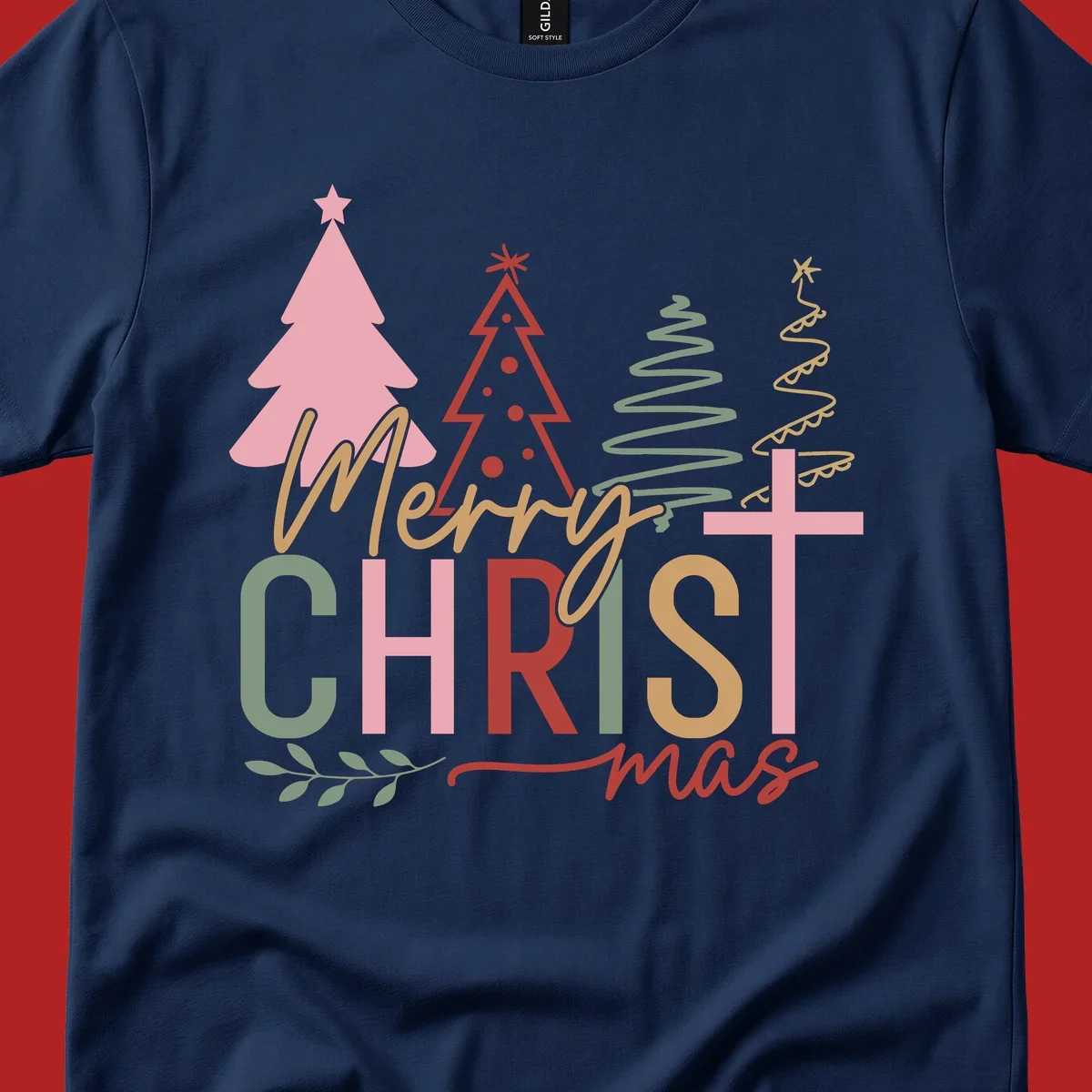Merry Christmas text with stylized trees and a cross design.