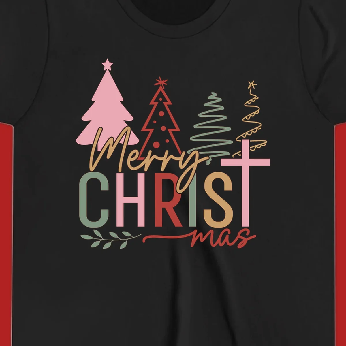 Merry Christmas text with stylized trees and a cross design.