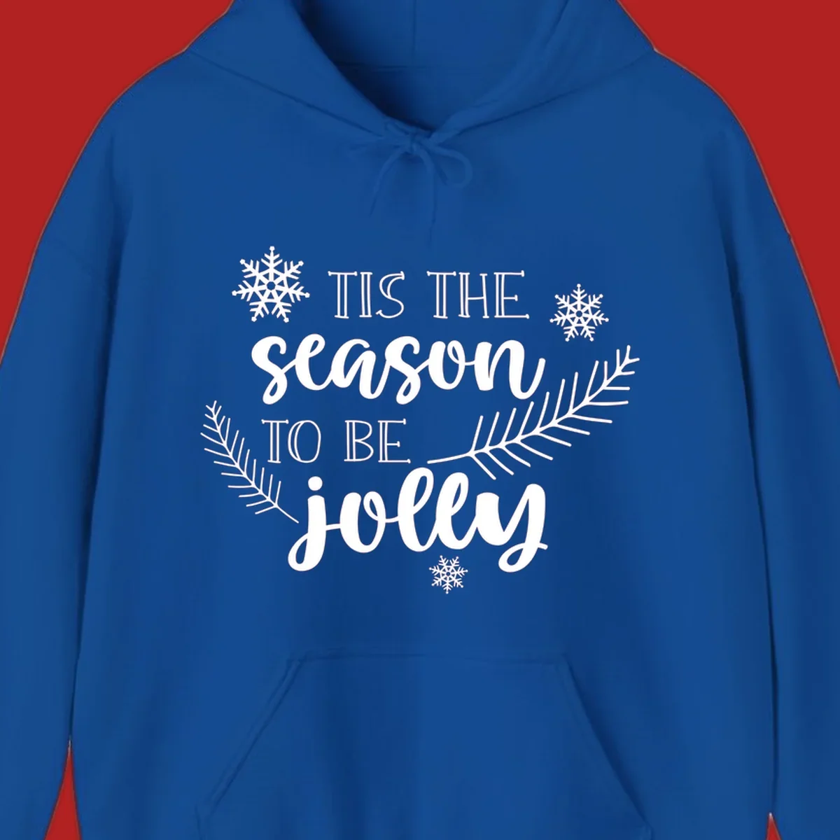 Tis the season to be jolly Christmas design with snowflakes and pine branches.