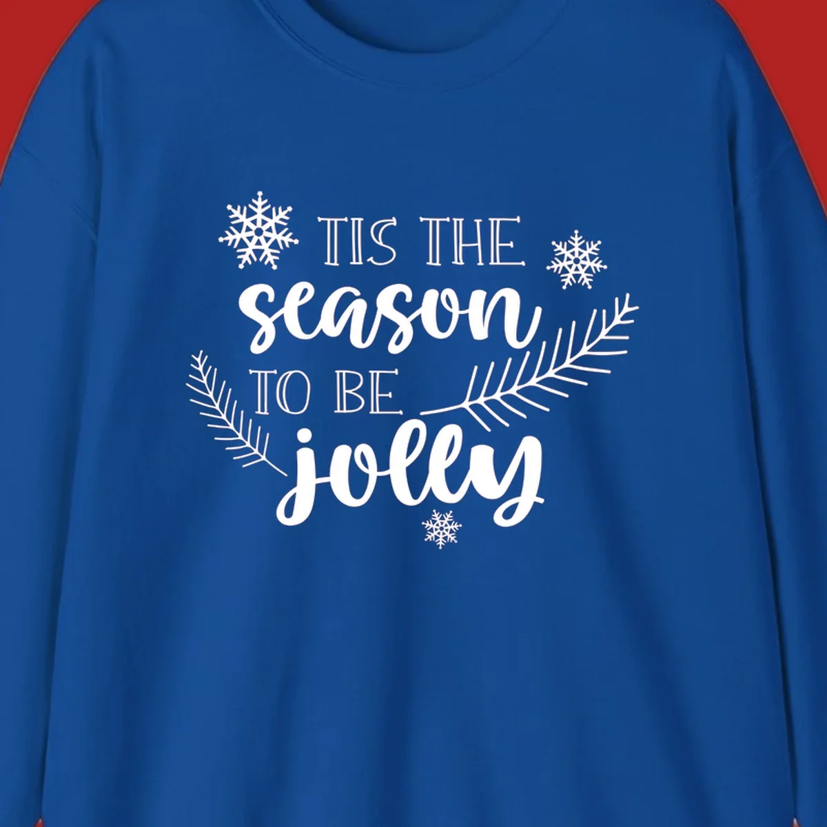 Tis the season to be jolly Christmas design with snowflakes and pine branches.