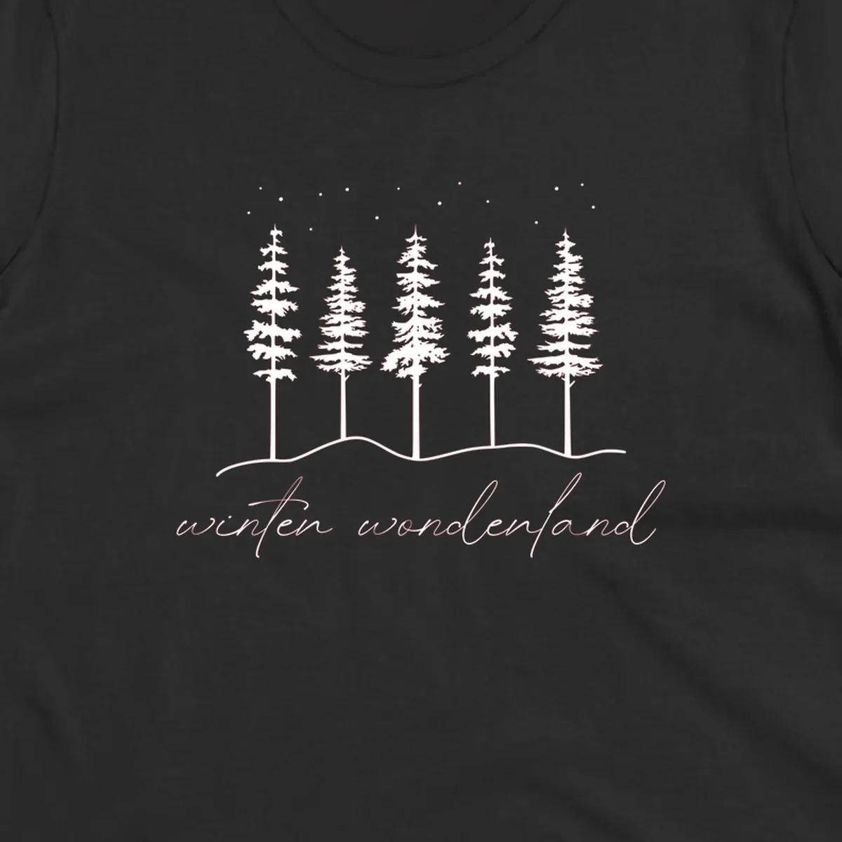 Winter wonderland forest scene with pine trees and stars, text 'winter wonderland'.