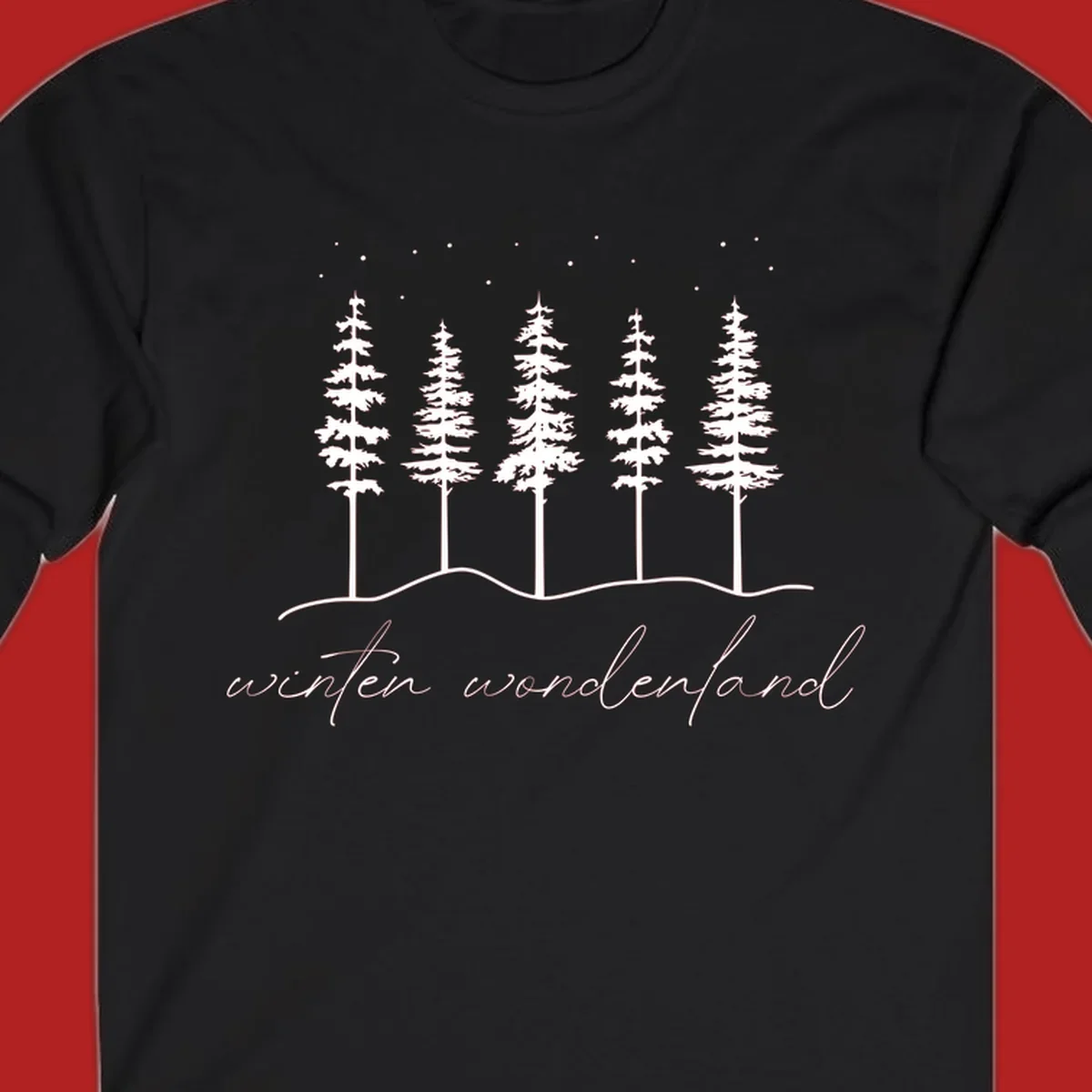 Winter wonderland forest scene with pine trees and stars, text 'winter wonderland'.