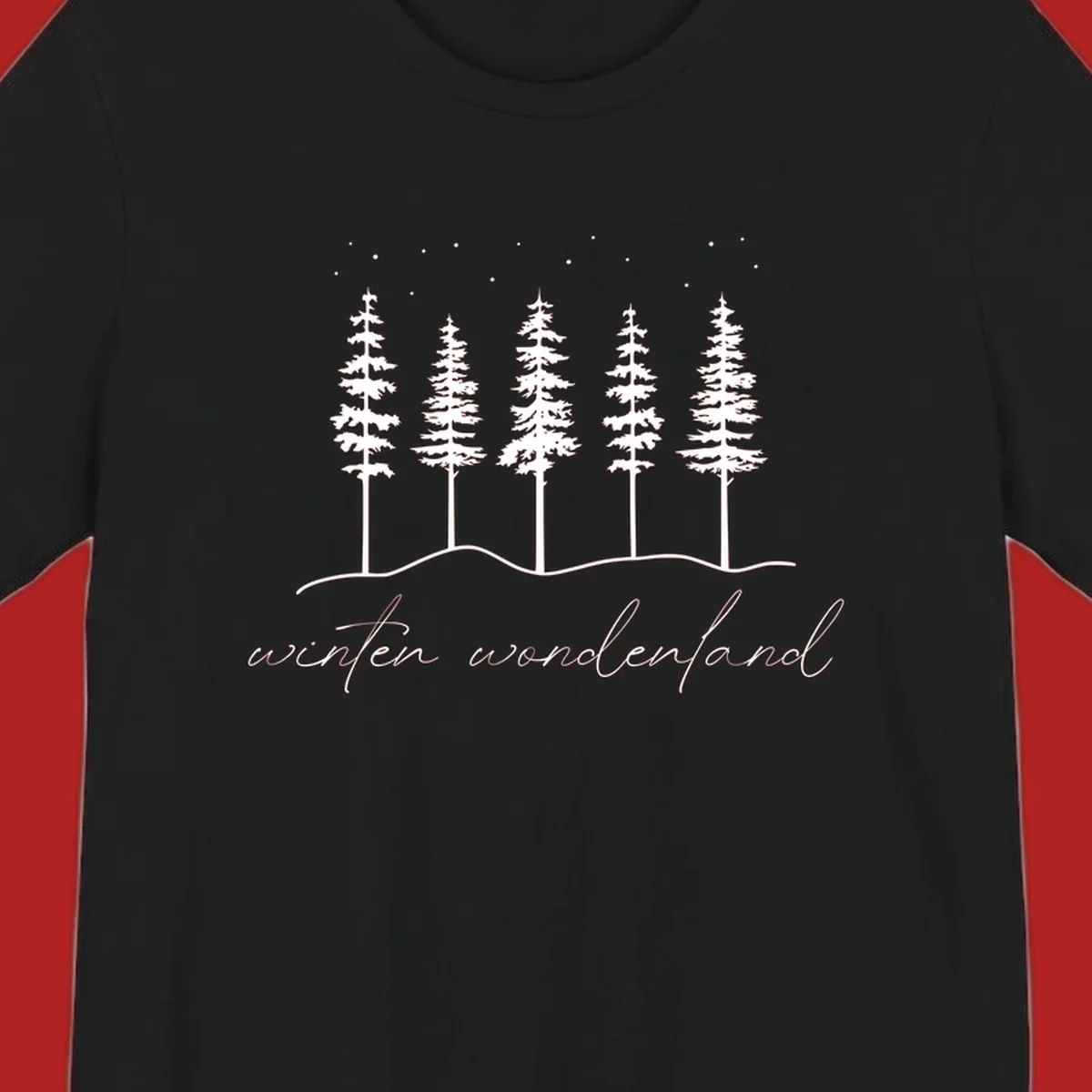 Winter wonderland forest scene with pine trees and stars, text 'winter wonderland'.