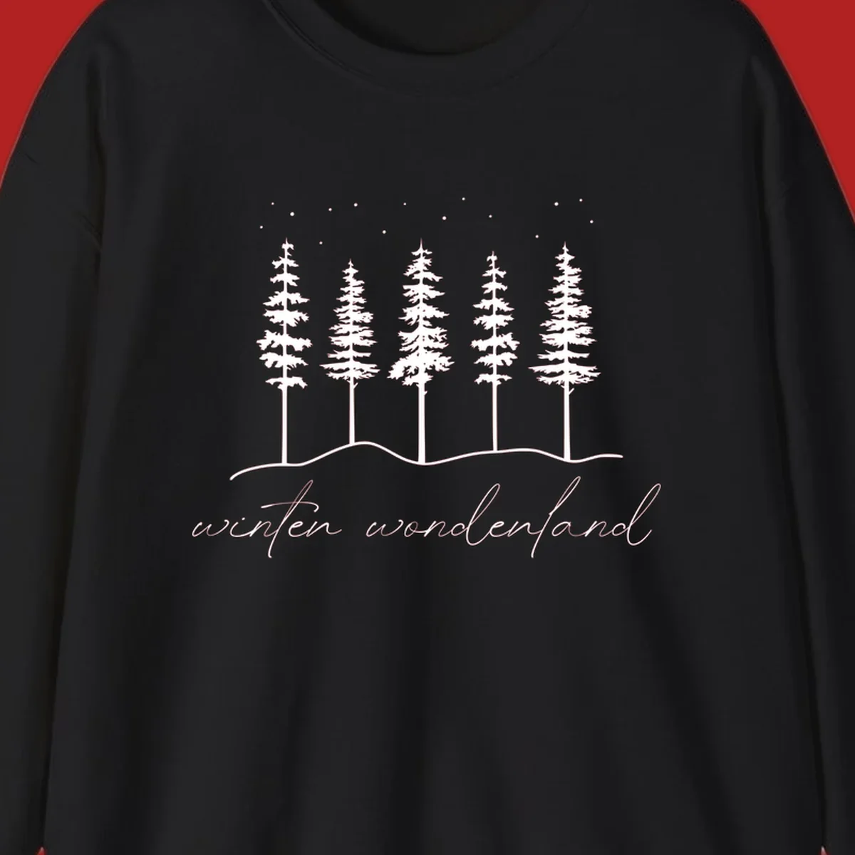 Winter wonderland forest scene with pine trees and stars, text 'winter wonderland'.