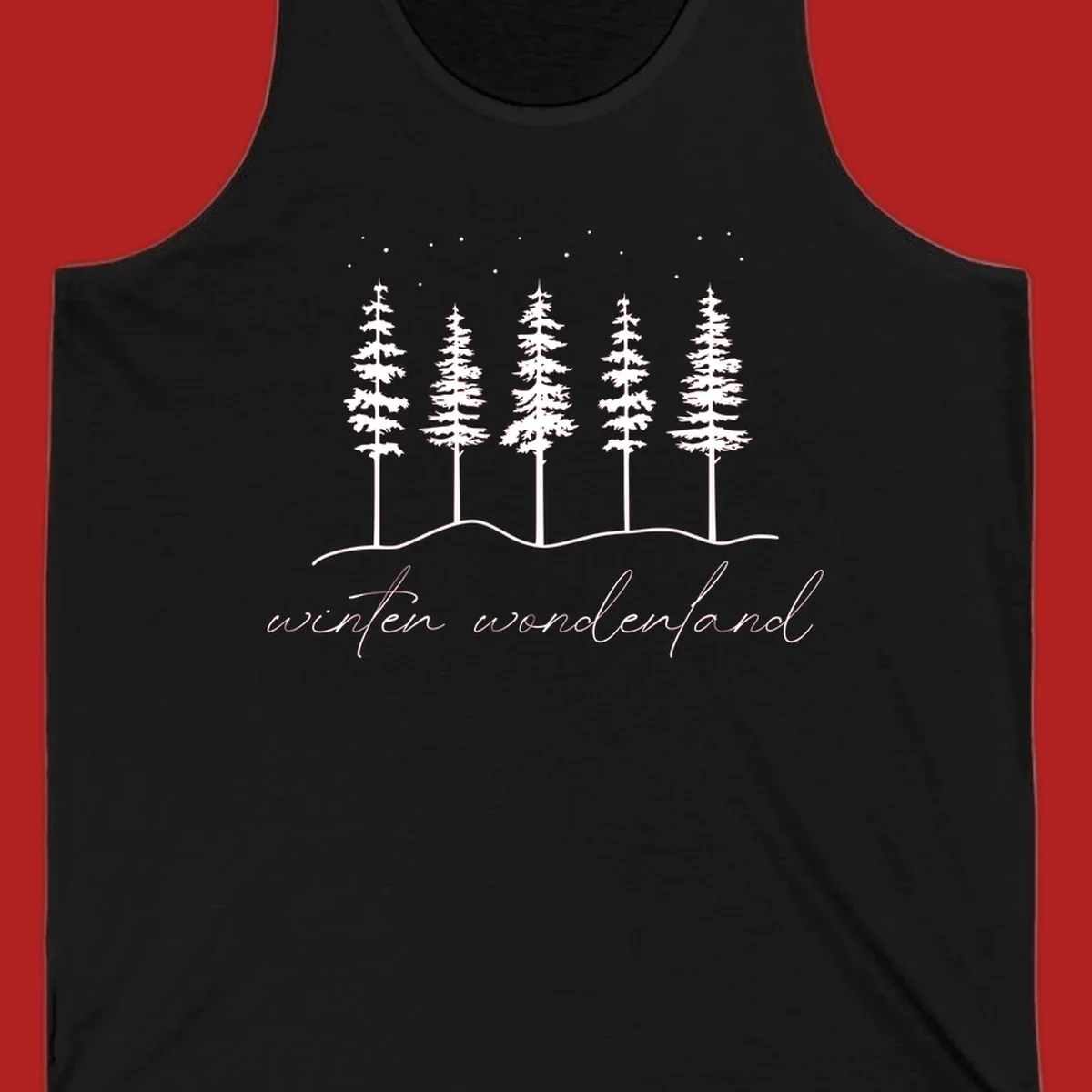 Winter wonderland forest scene with pine trees and stars, text 'winter wonderland'.