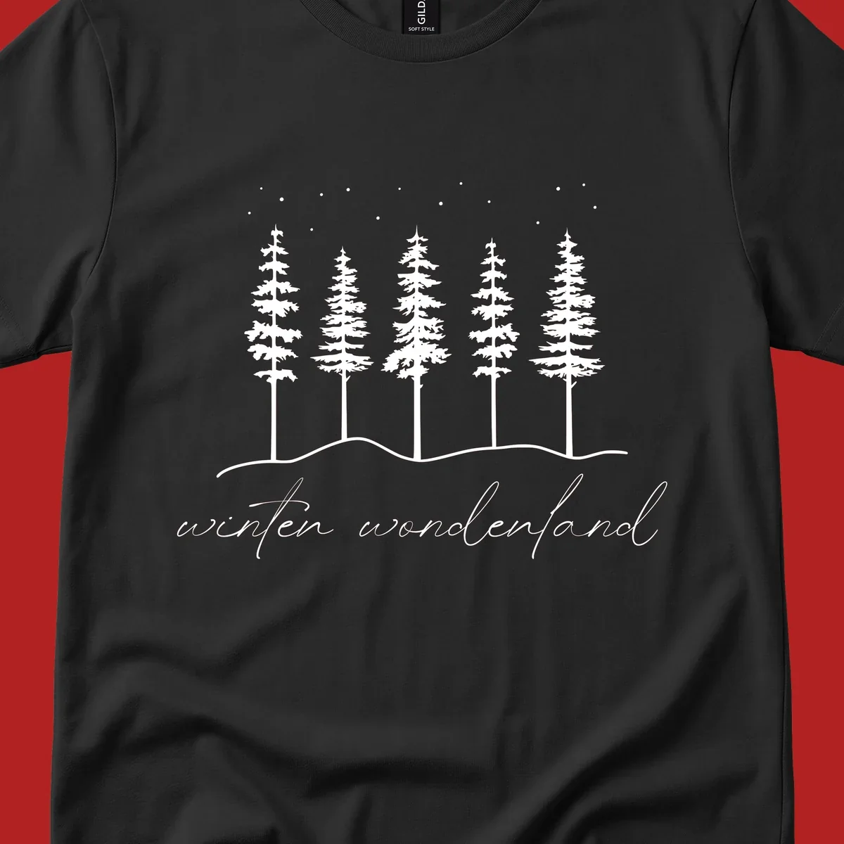 Winter wonderland forest scene with pine trees and stars, text 'winter wonderland'.