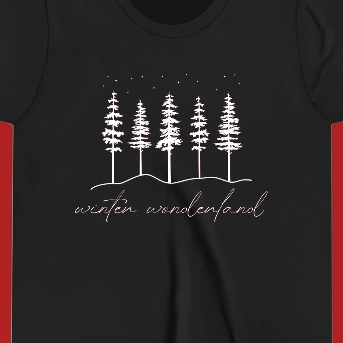 Winter wonderland forest scene with pine trees and stars, text 'winter wonderland'.