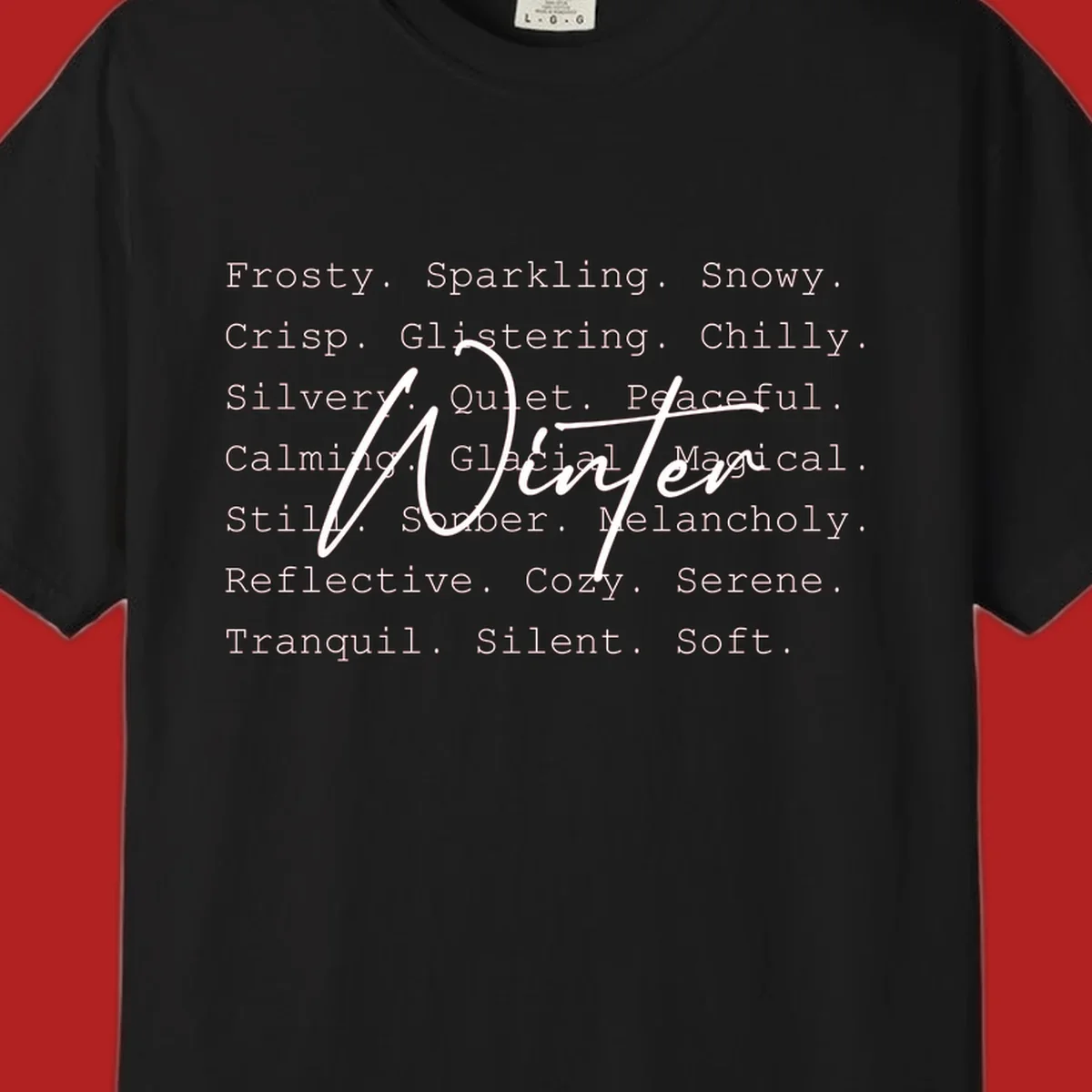 Winter words design with 'Winter' in script, surrounded by descriptive winter words.