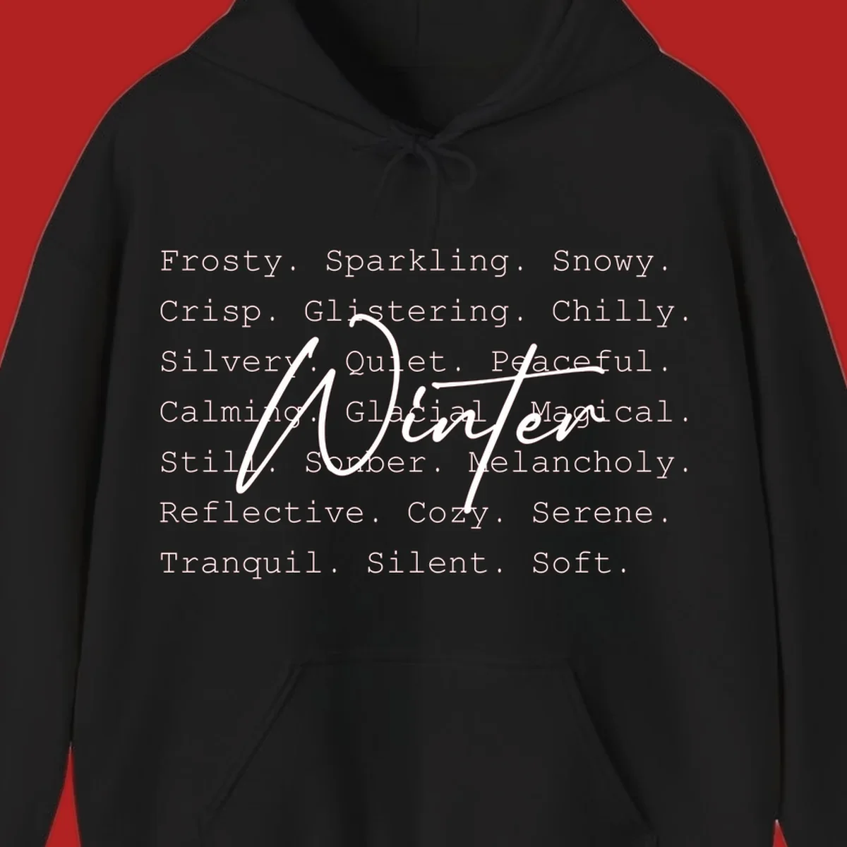 Winter words design with 'Winter' in script, surrounded by descriptive winter words.