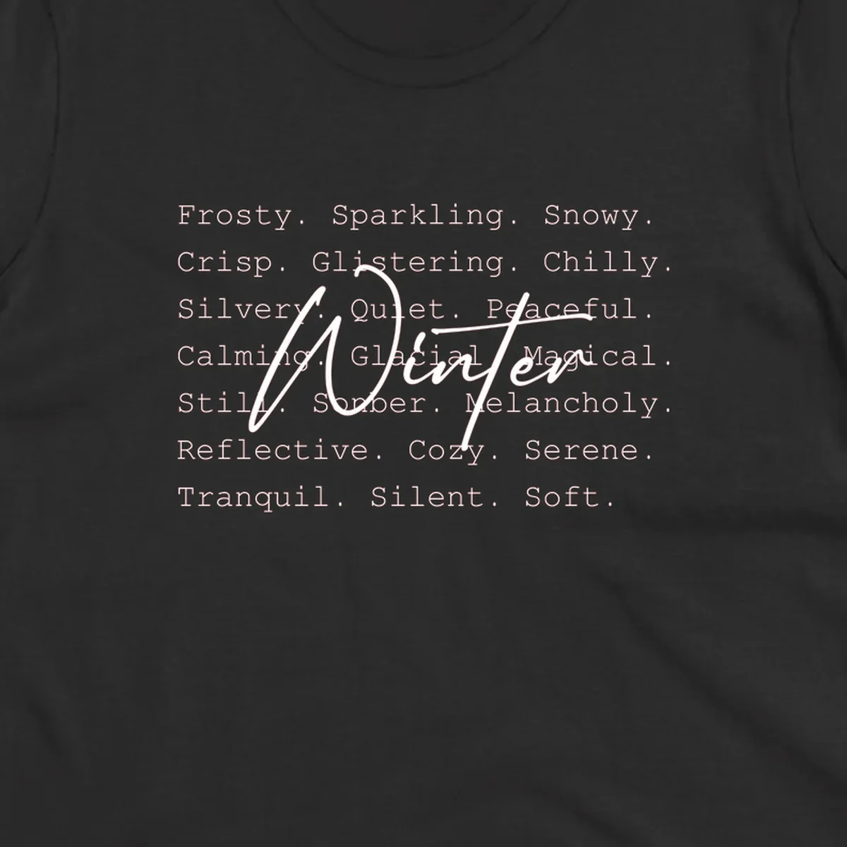 Winter words design with 'Winter' in script, surrounded by descriptive winter words.