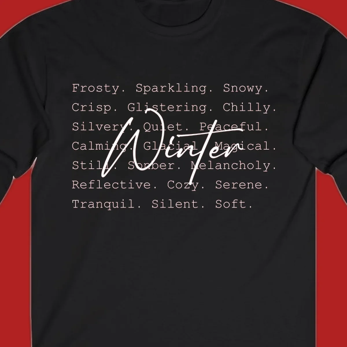 Winter words design with 'Winter' in script, surrounded by descriptive winter words.