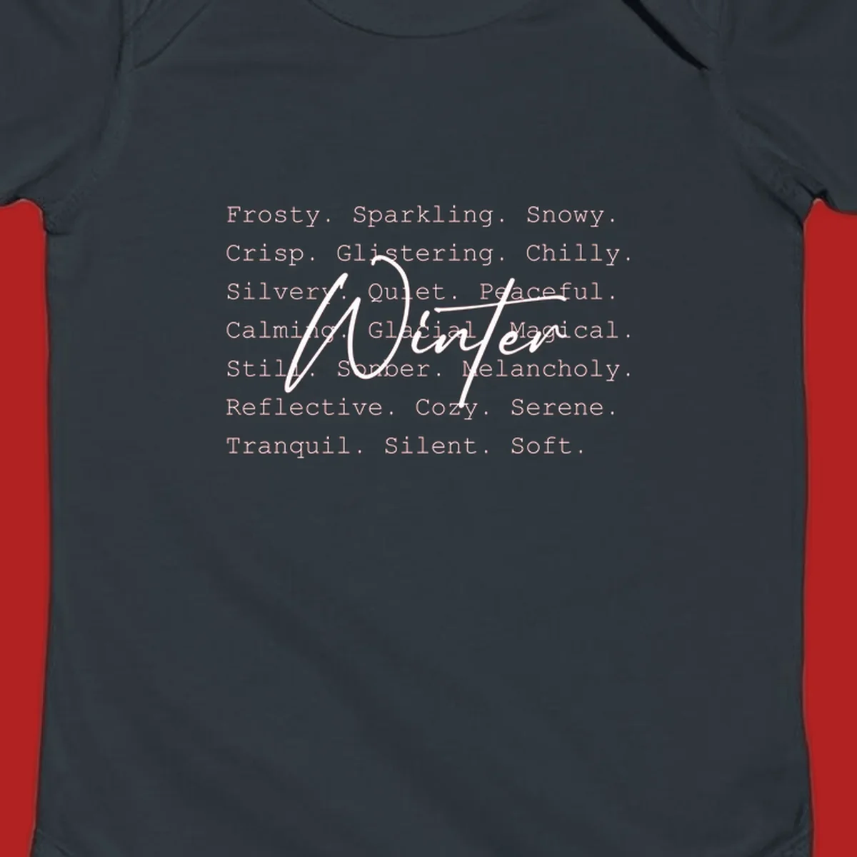Winter words design with 'Winter' in script, surrounded by descriptive winter words.