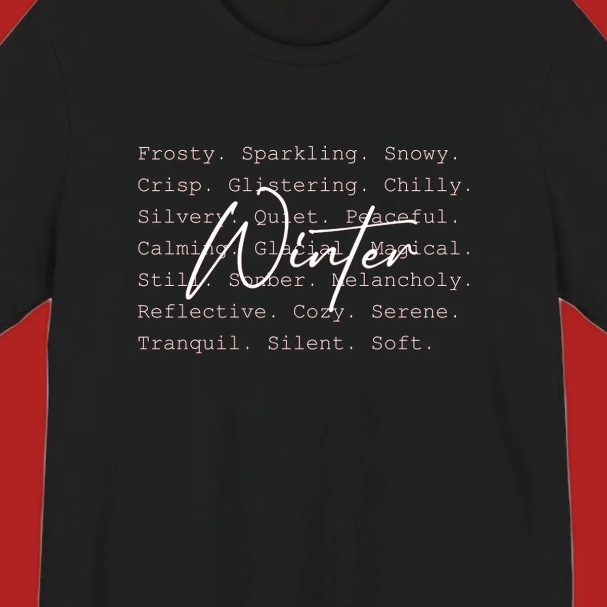 Winter words design with 'Winter' in script, surrounded by descriptive winter words.