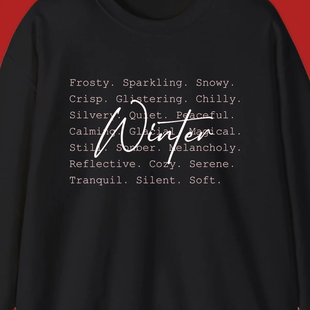 Winter words design with 'Winter' in script, surrounded by descriptive winter words.