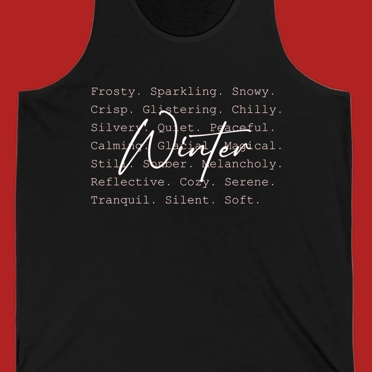 Winter words design with 'Winter' in script, surrounded by descriptive winter words.
