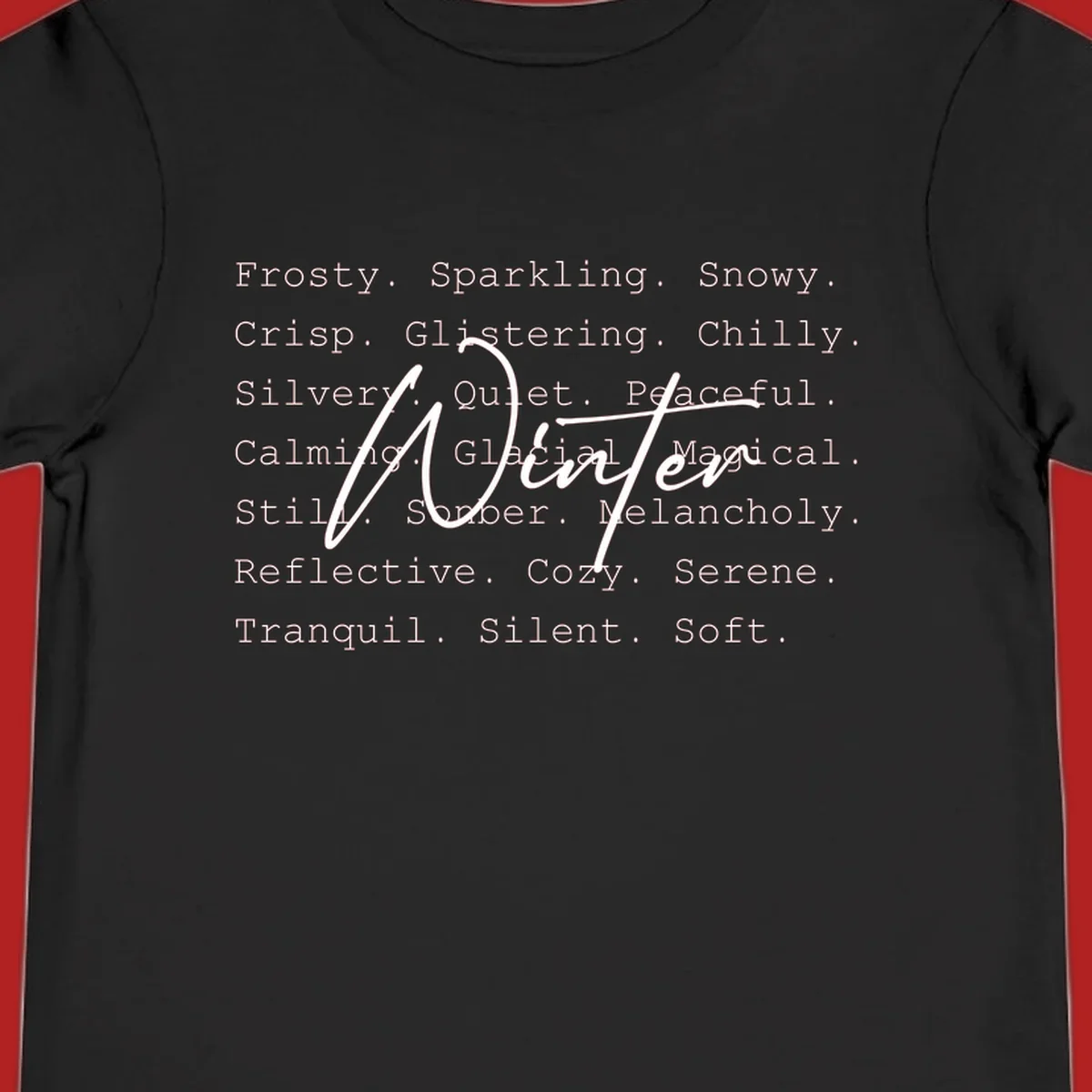 Winter words design with 'Winter' in script, surrounded by descriptive winter words.