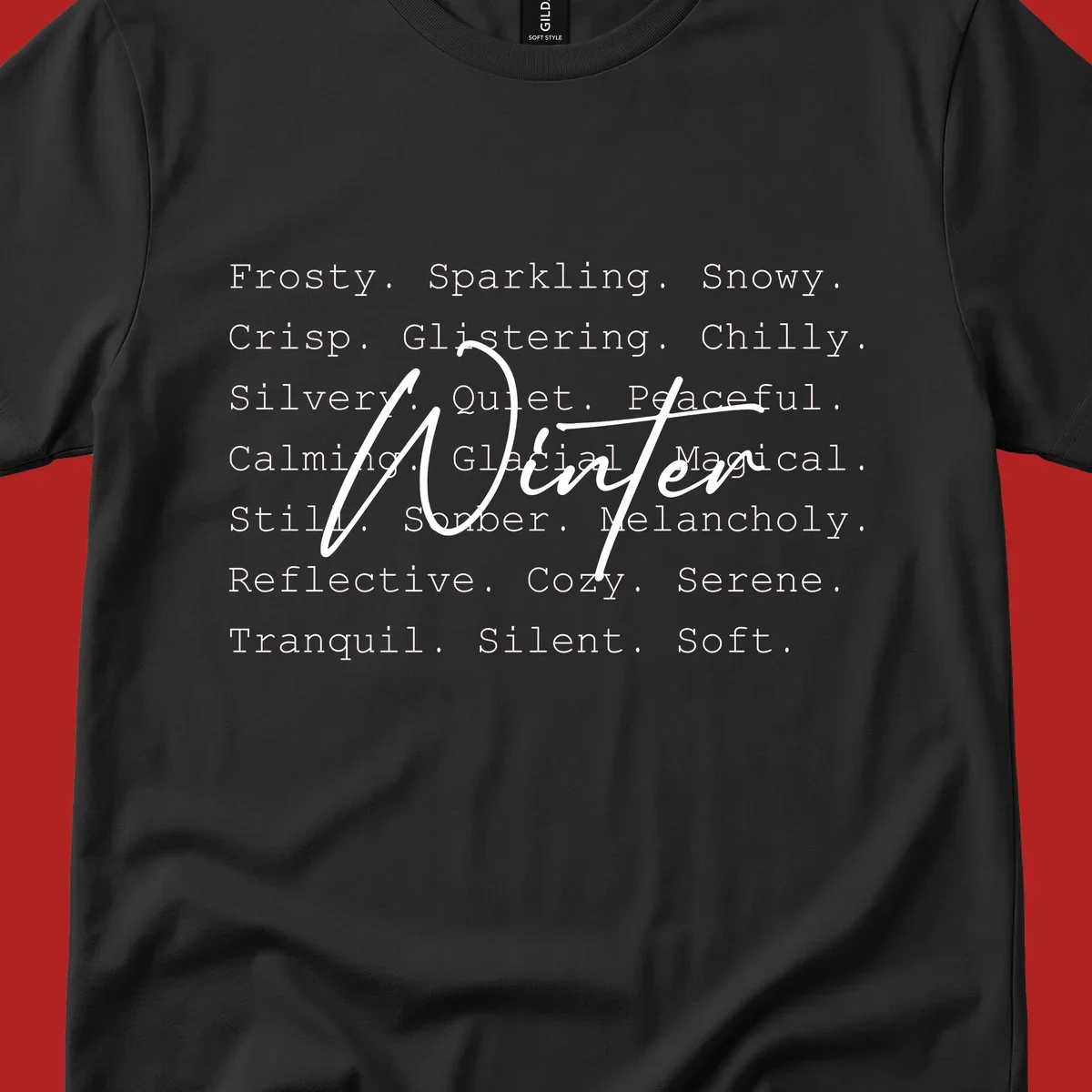 Winter words design with 'Winter' in script, surrounded by descriptive winter words.