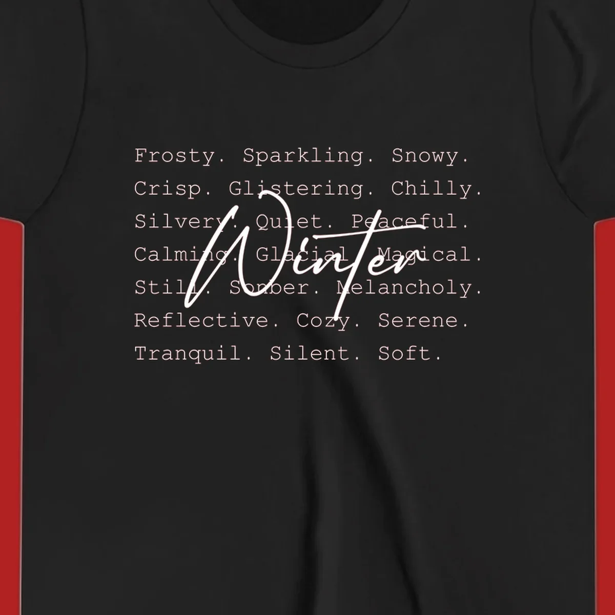 Winter words design with 'Winter' in script, surrounded by descriptive winter words.