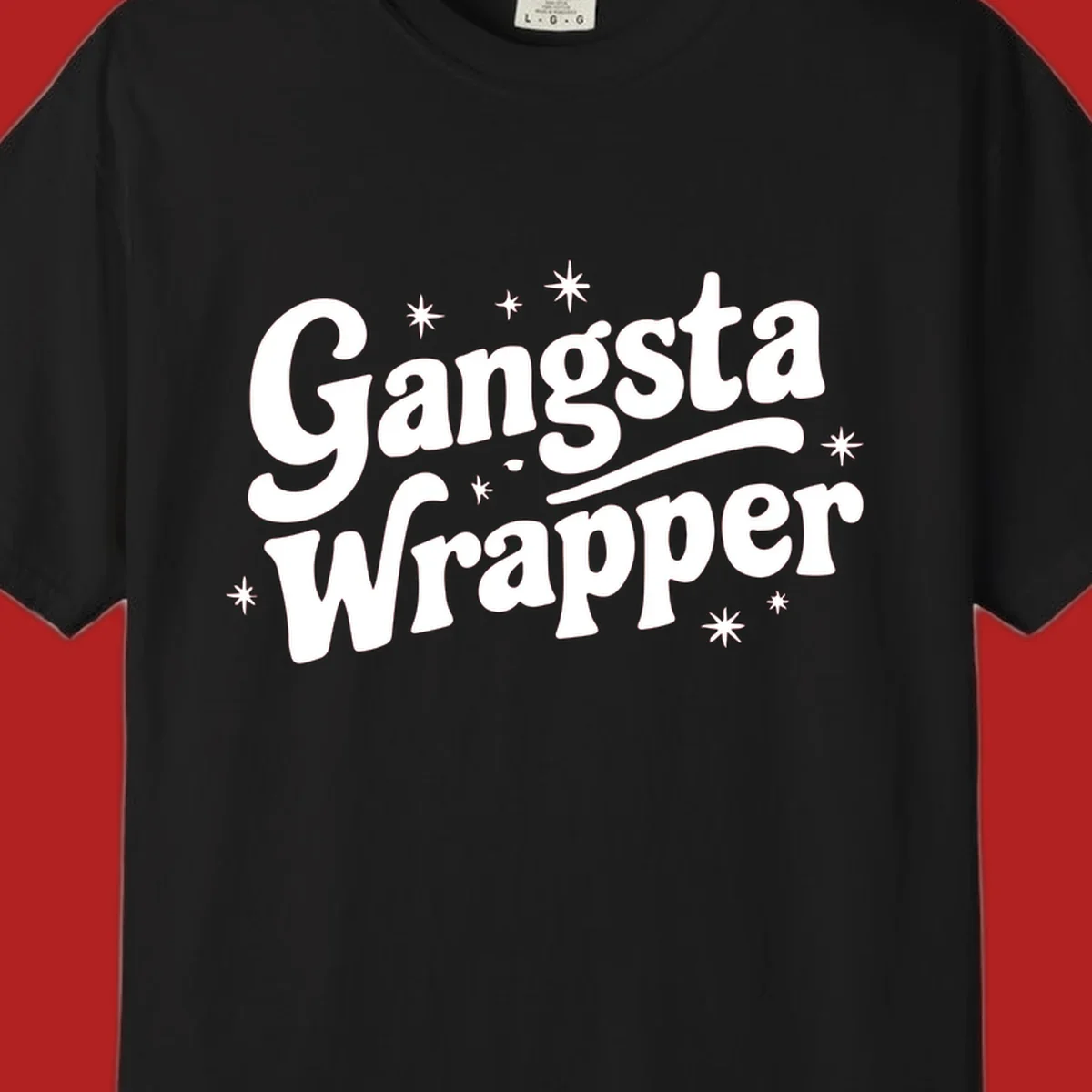 Gangsta Wrapper text design with stars, white on black and black on white variants.
