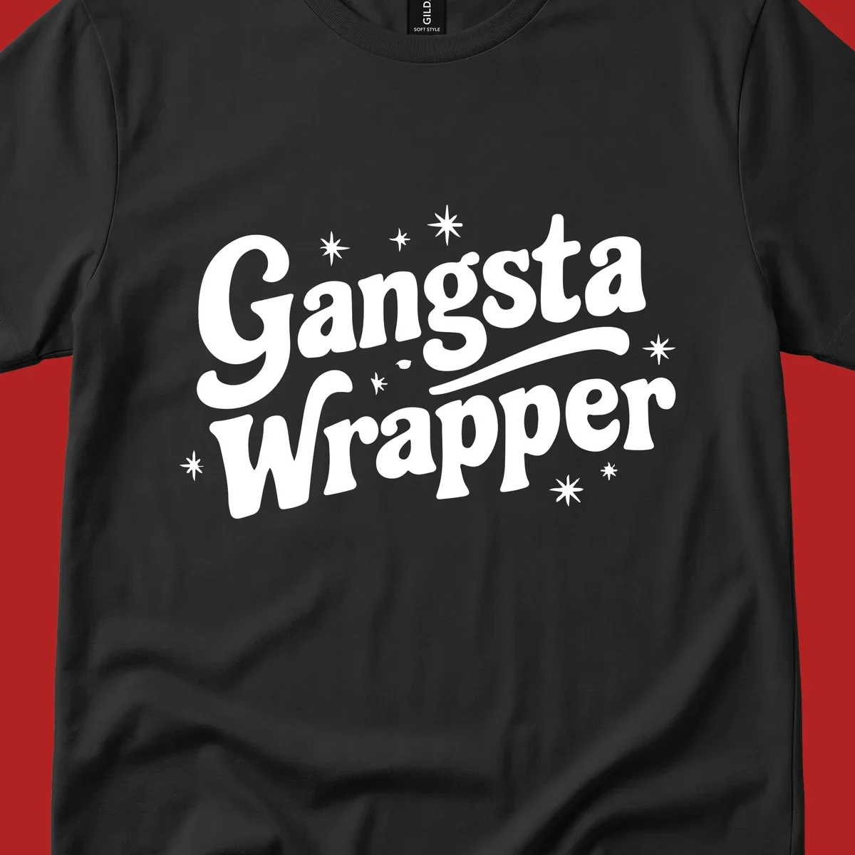Gangsta Wrapper text design with stars, white on black and black on white variants.