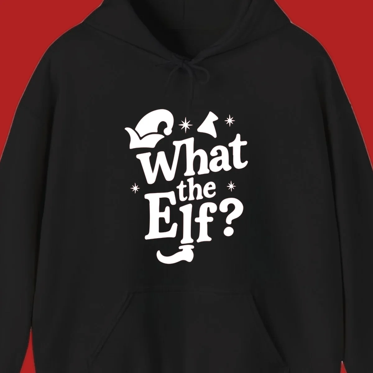 What The Elf holiday phrase design with elf hat and stars.