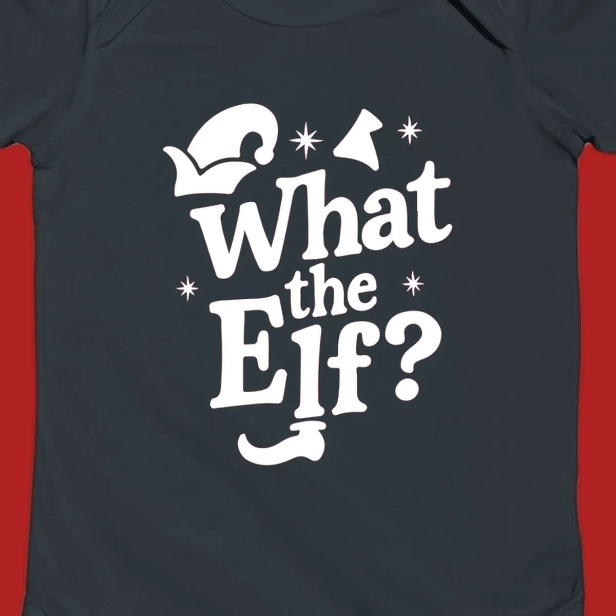 What The Elf holiday phrase design with elf hat and stars.