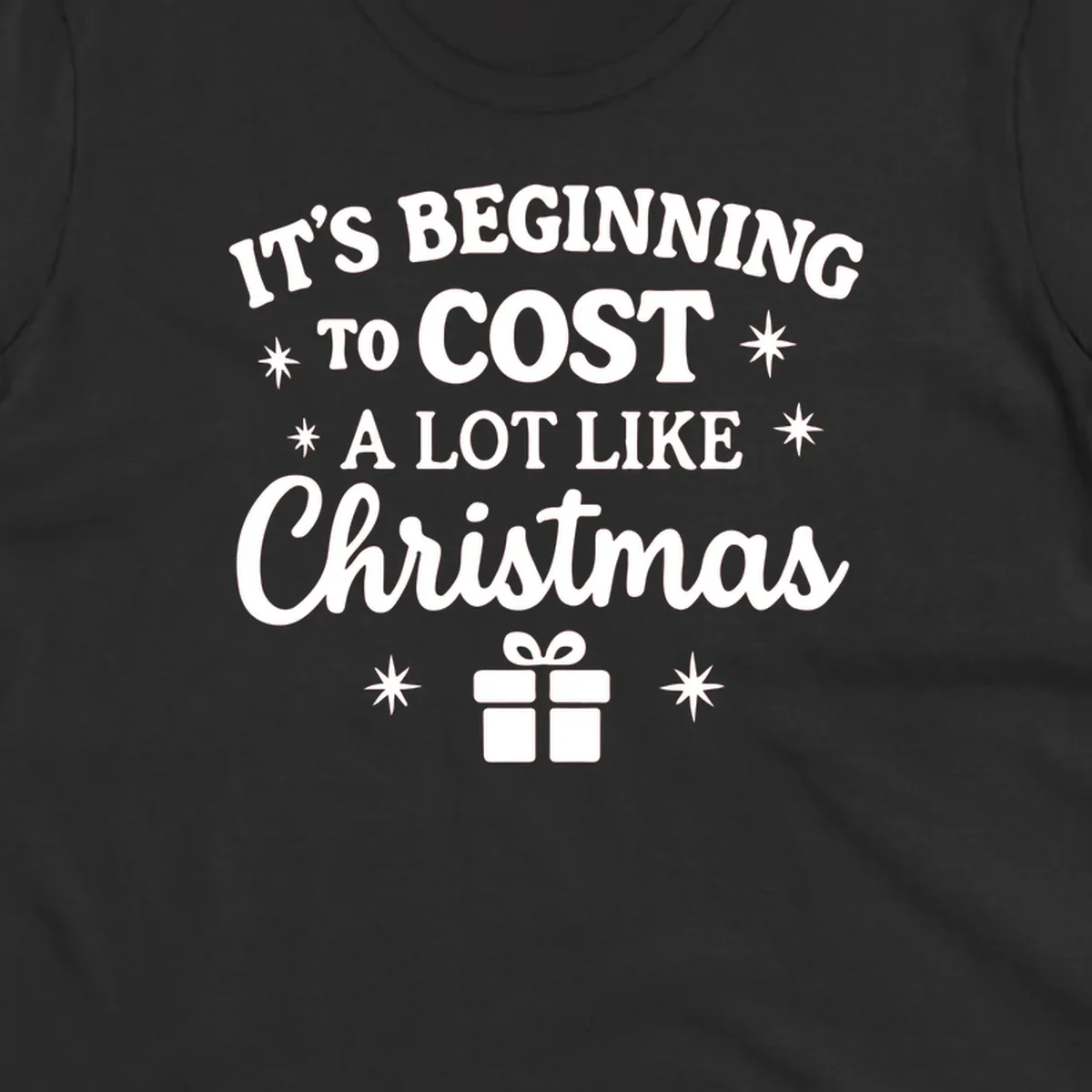 Typography design that says "It's Beginning To Cost A Lot Like Christmas" with stars and a gift box.