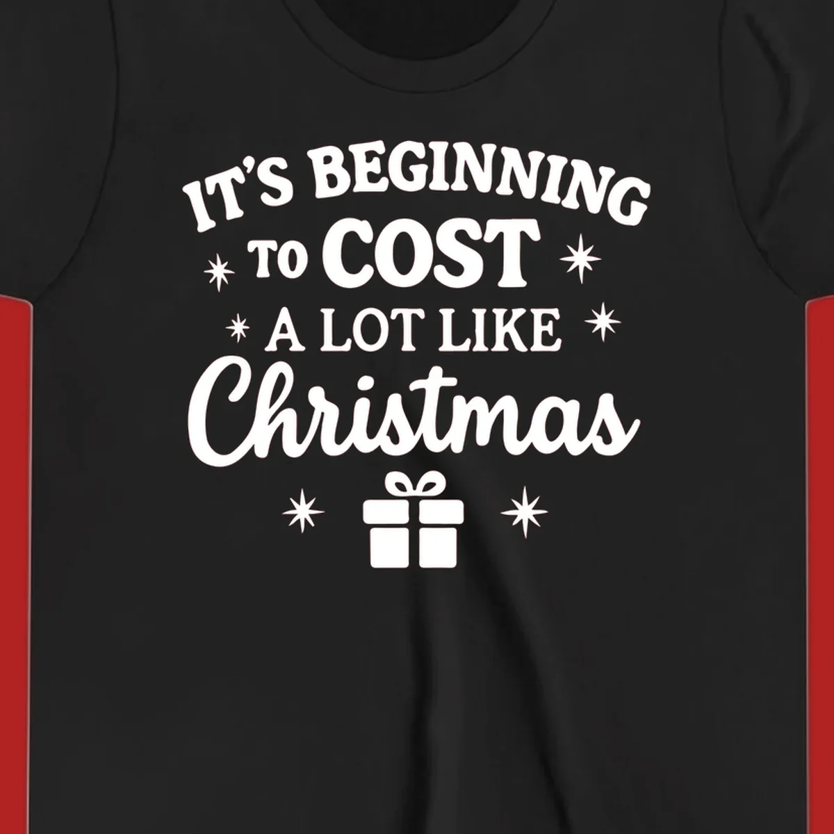 Typography design that says "It's Beginning To Cost A Lot Like Christmas" with stars and a gift box.