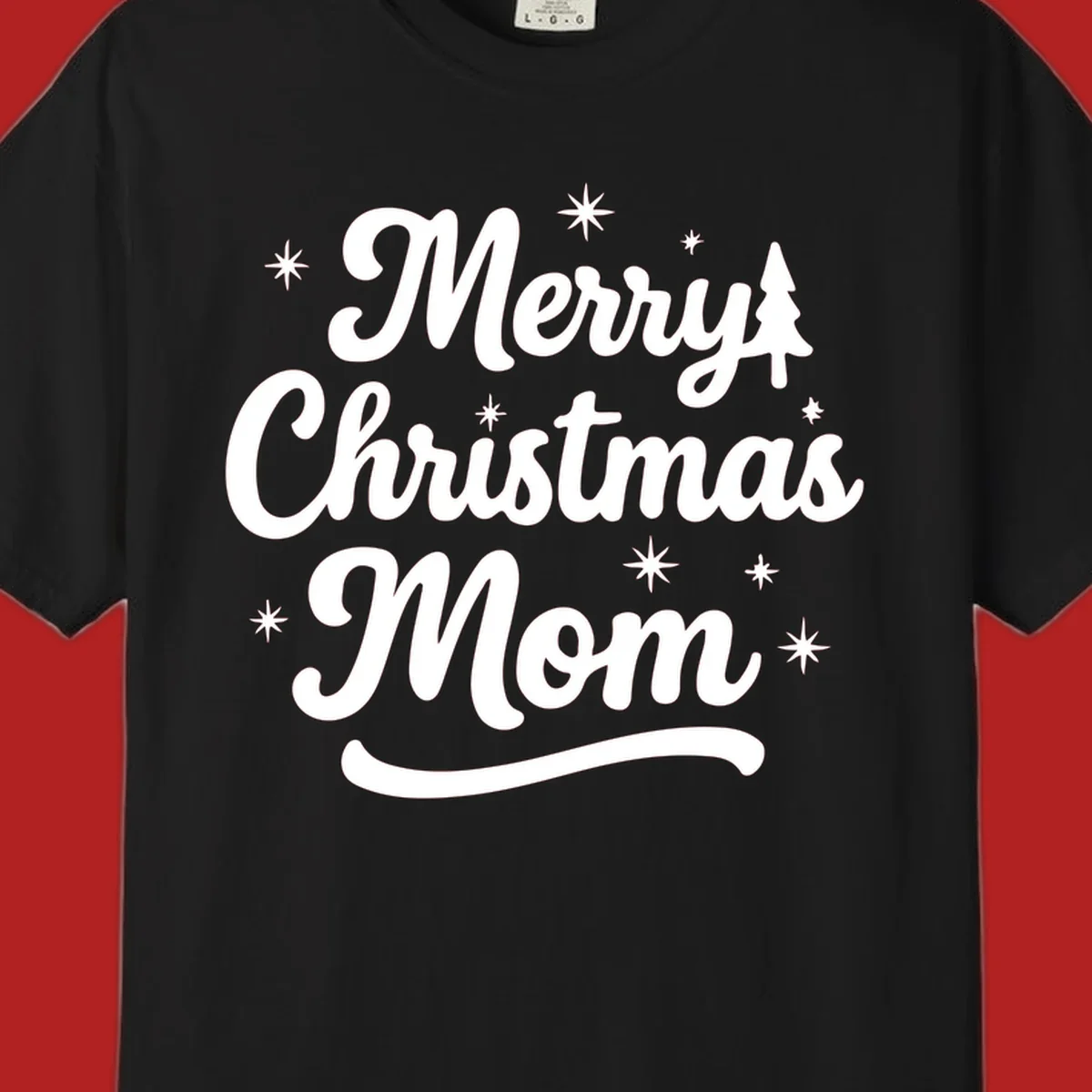 Merry Christmas Mom script text with stars and a Christmas tree graphic.