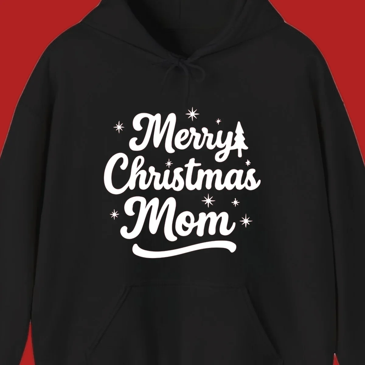 Merry Christmas Mom script text with stars and a Christmas tree graphic.