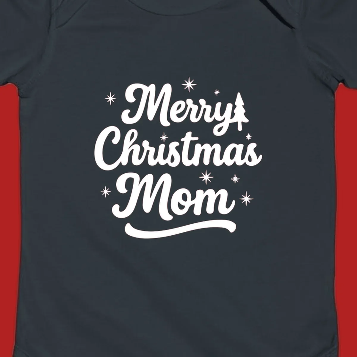 Merry Christmas Mom script text with stars and a Christmas tree graphic.