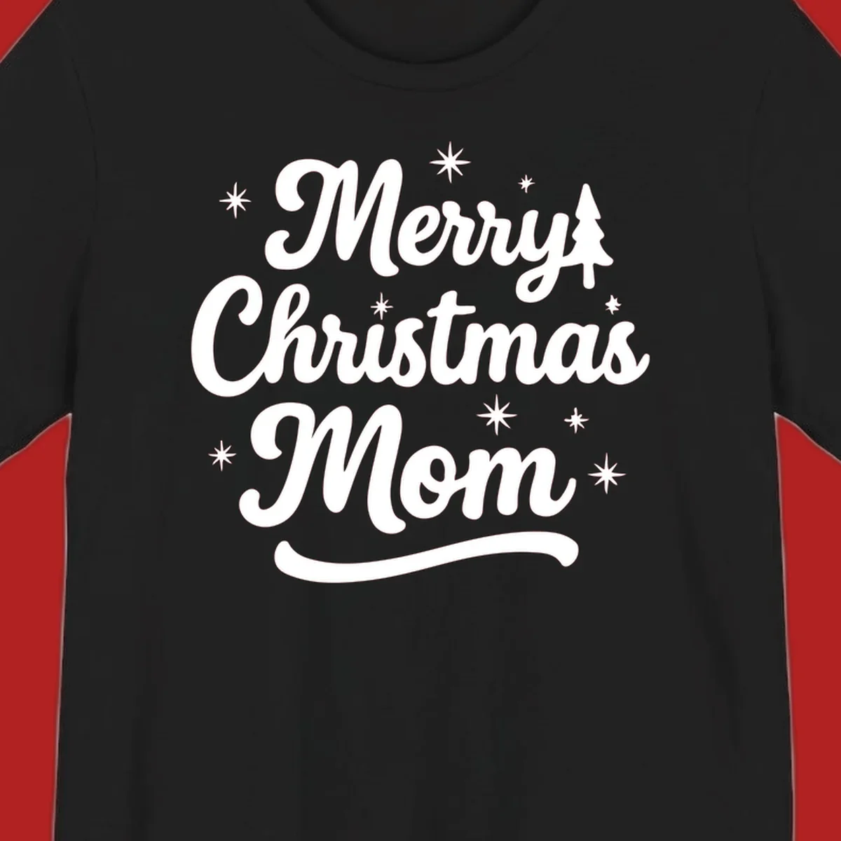 Merry Christmas Mom script text with stars and a Christmas tree graphic.