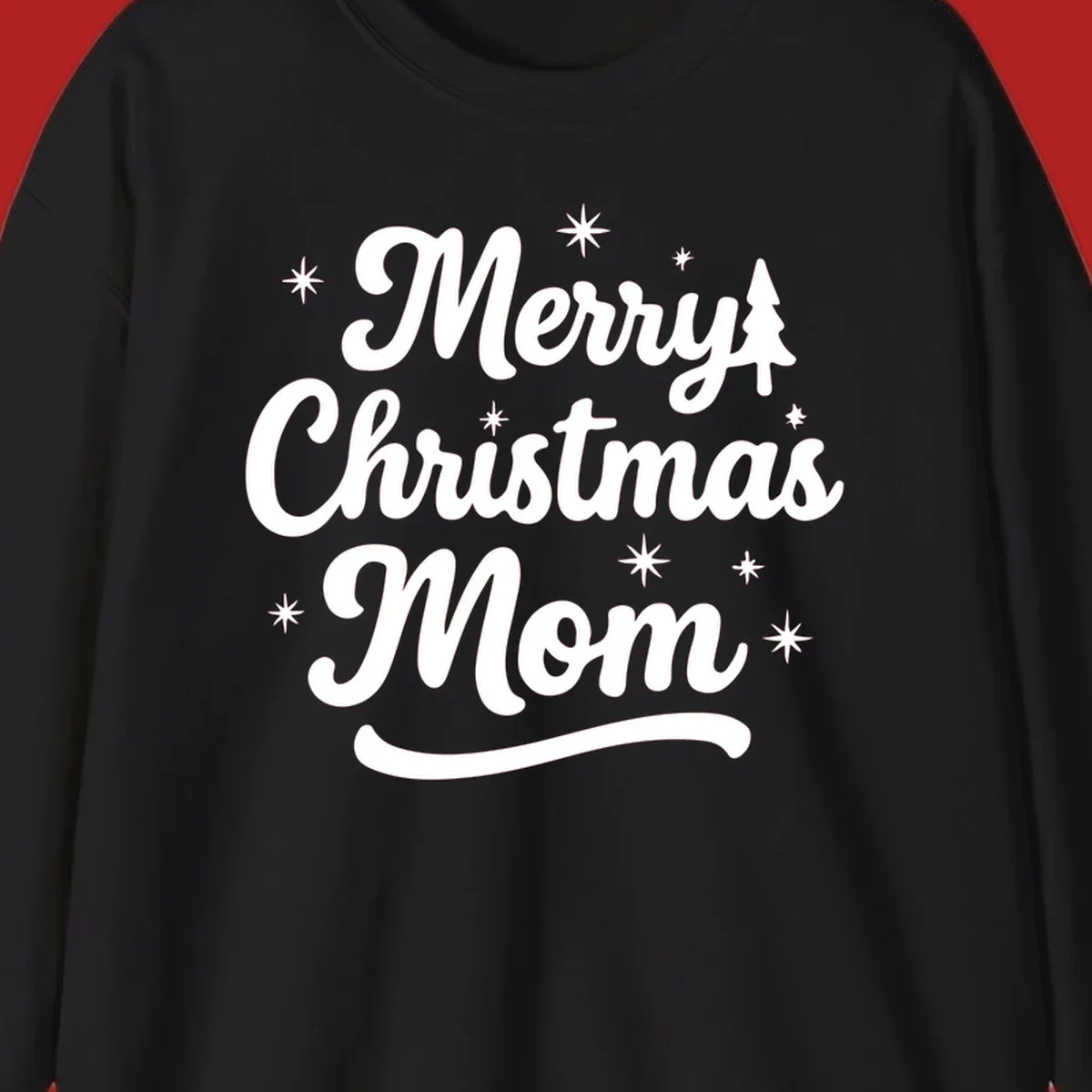 Merry Christmas Mom script text with stars and a Christmas tree graphic.