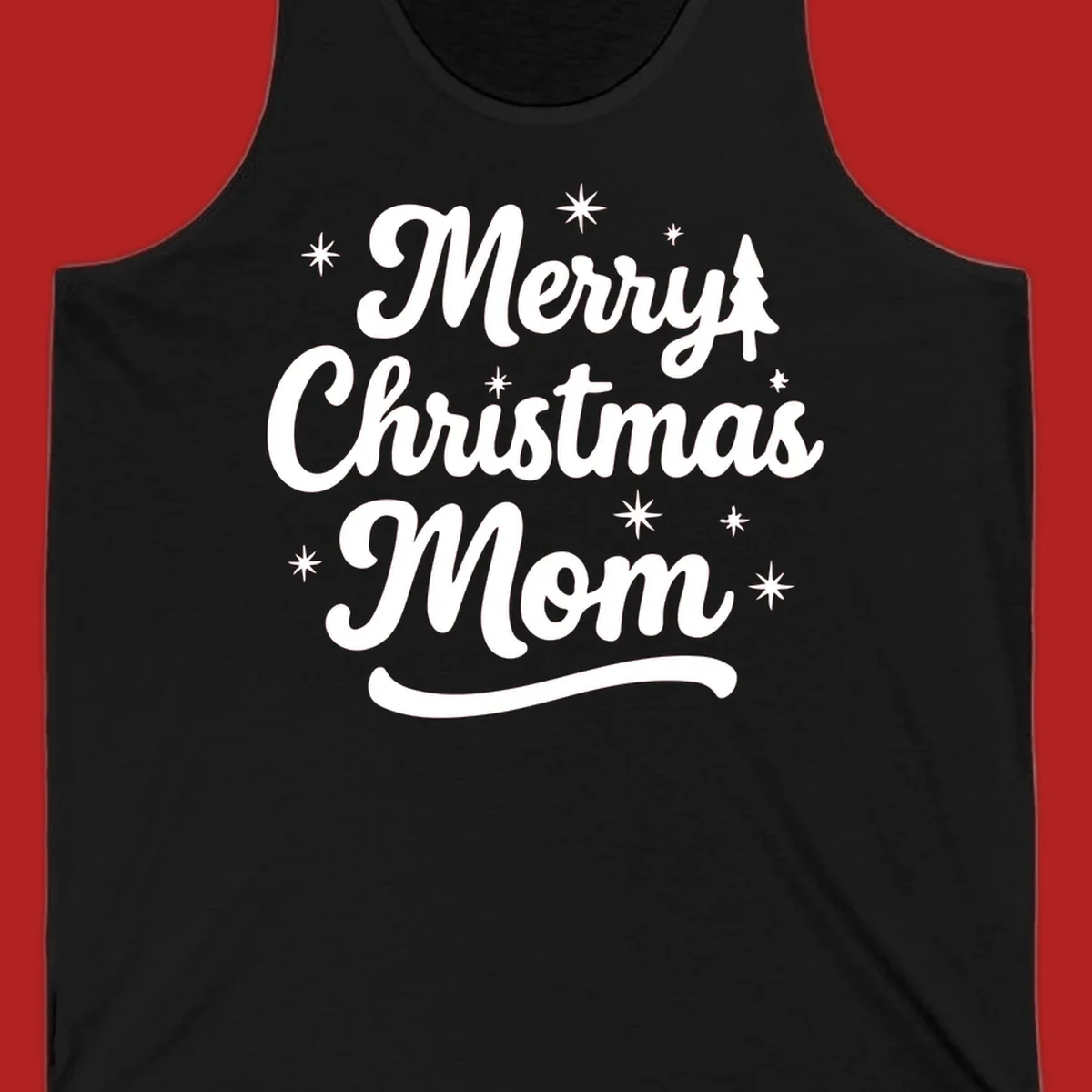 Merry Christmas Mom script text with stars and a Christmas tree graphic.