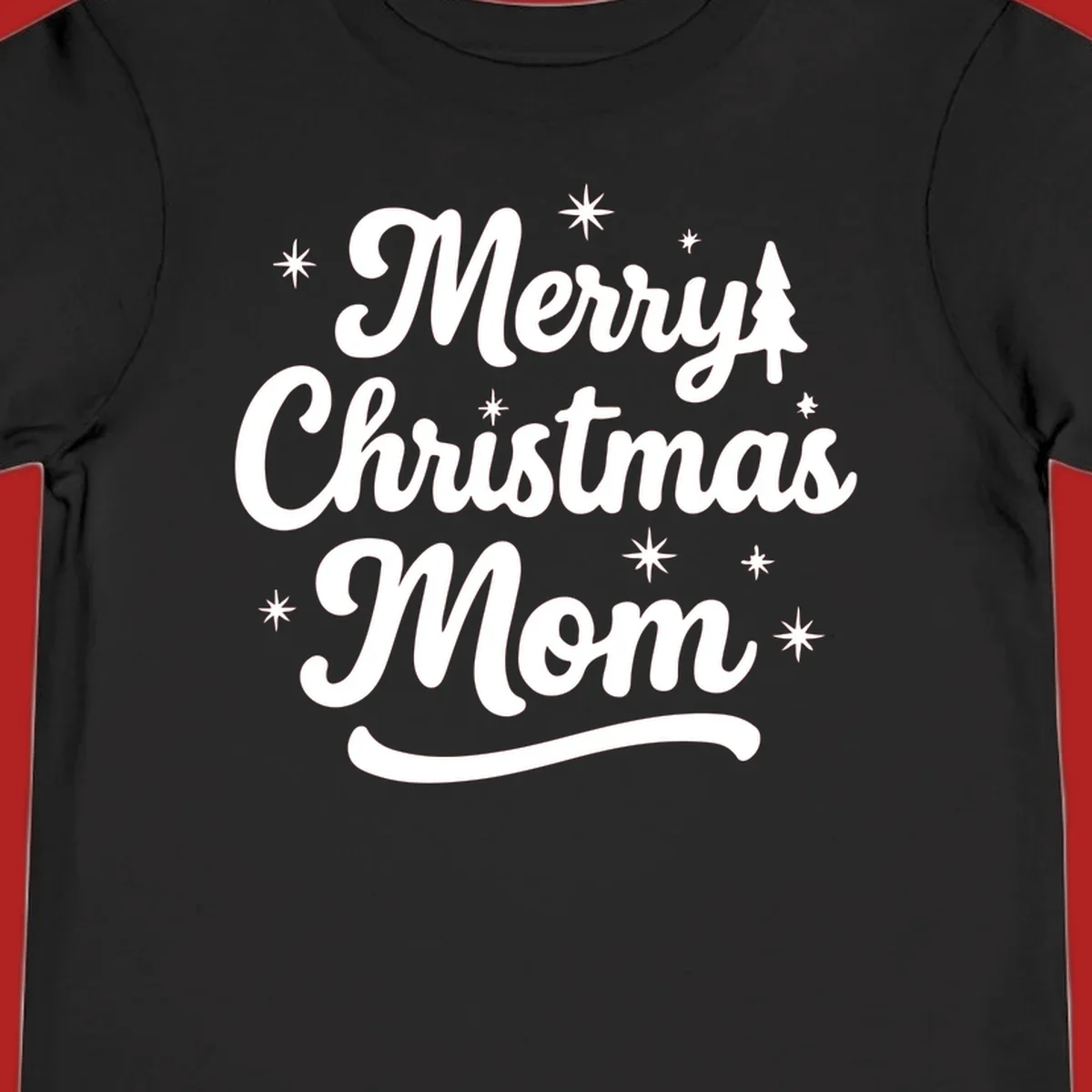 Merry Christmas Mom script text with stars and a Christmas tree graphic.