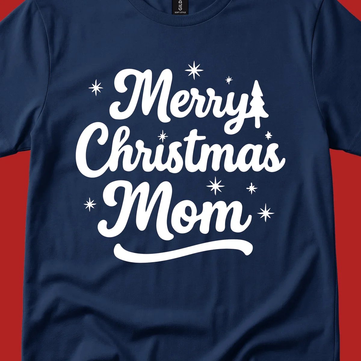 Merry Christmas Mom script text with stars and a Christmas tree graphic.