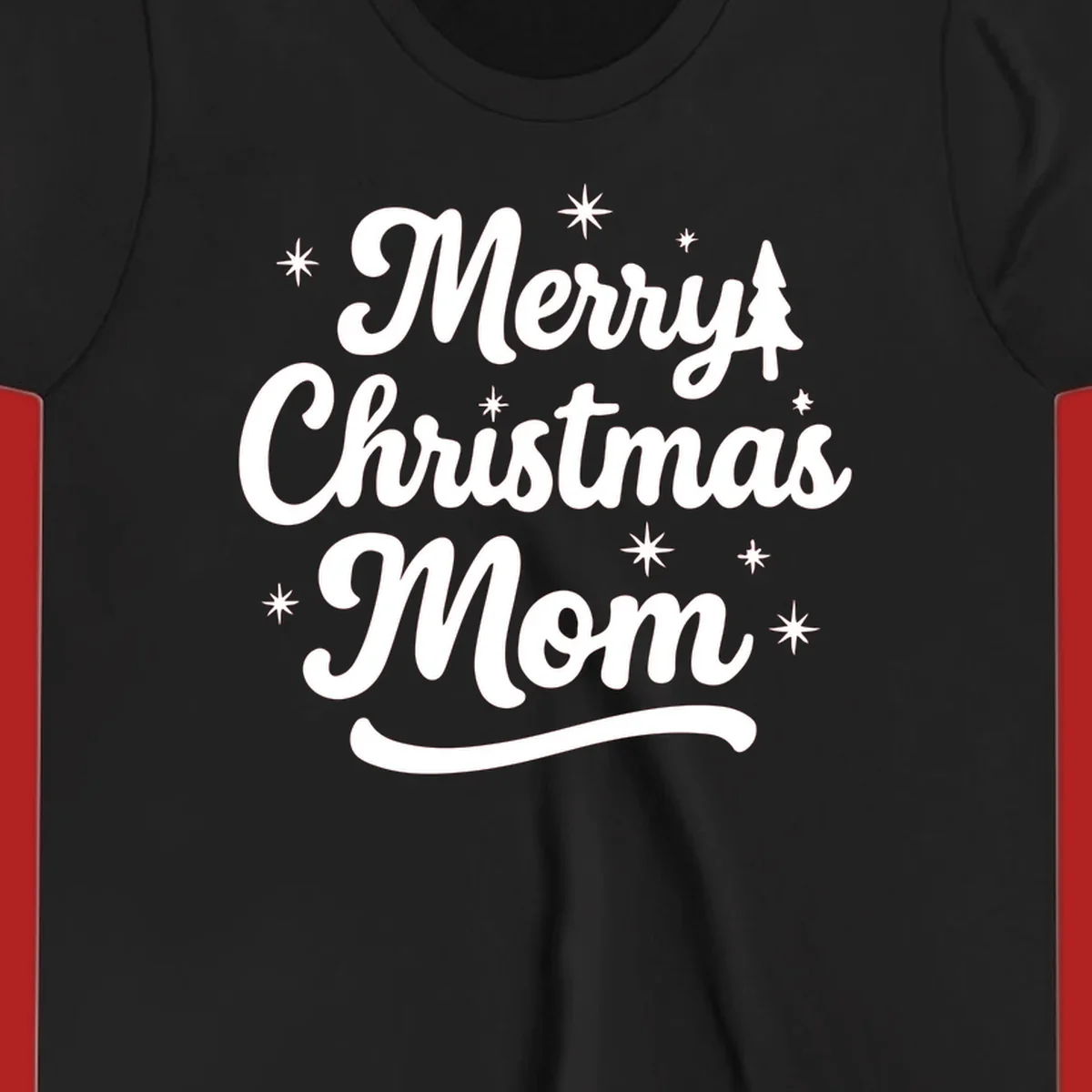 Merry Christmas Mom script text with stars and a Christmas tree graphic.