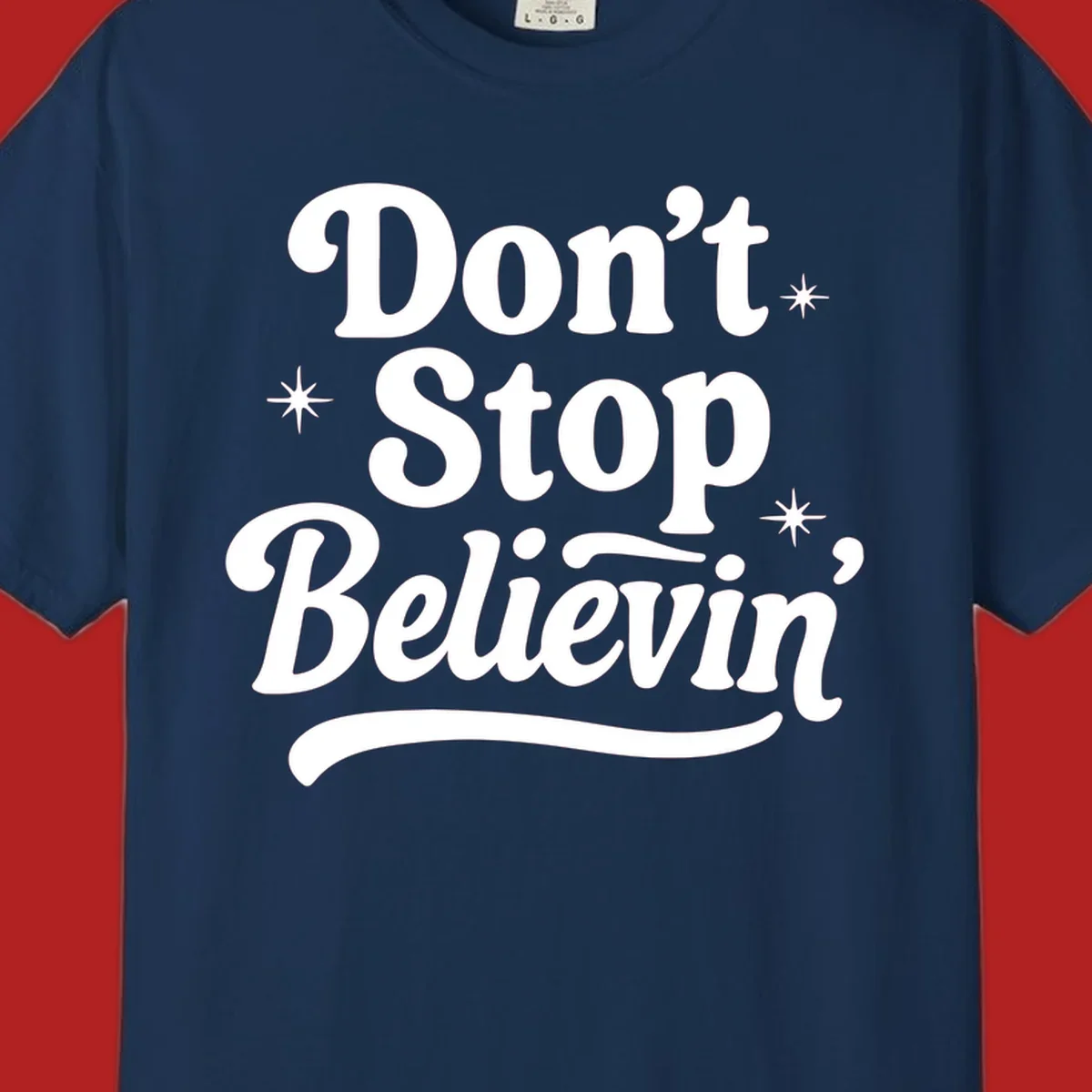 White retro typography 'Don't Stop Believin'' with starbursts on black background.