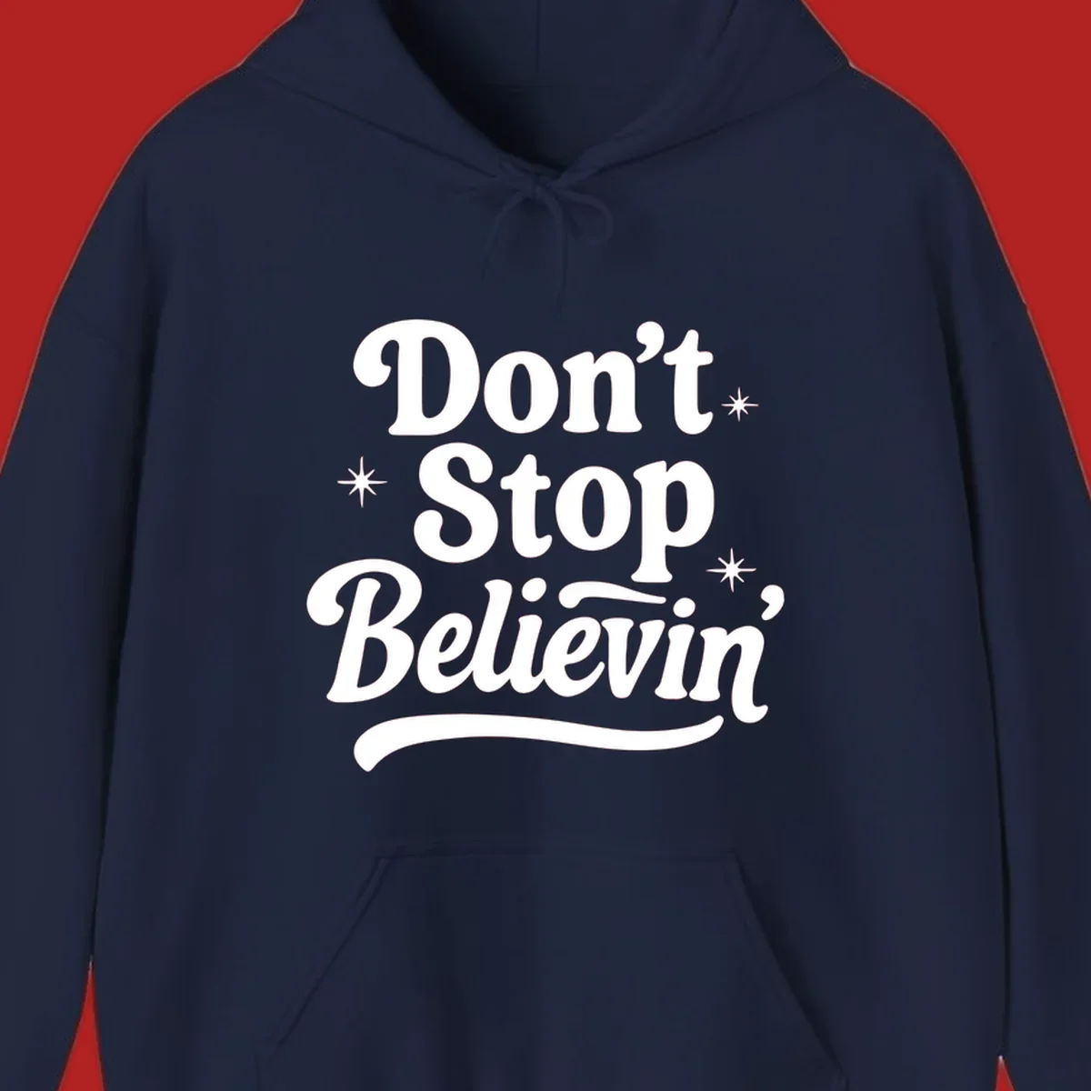 White retro typography 'Don't Stop Believin'' with starbursts on black background.
