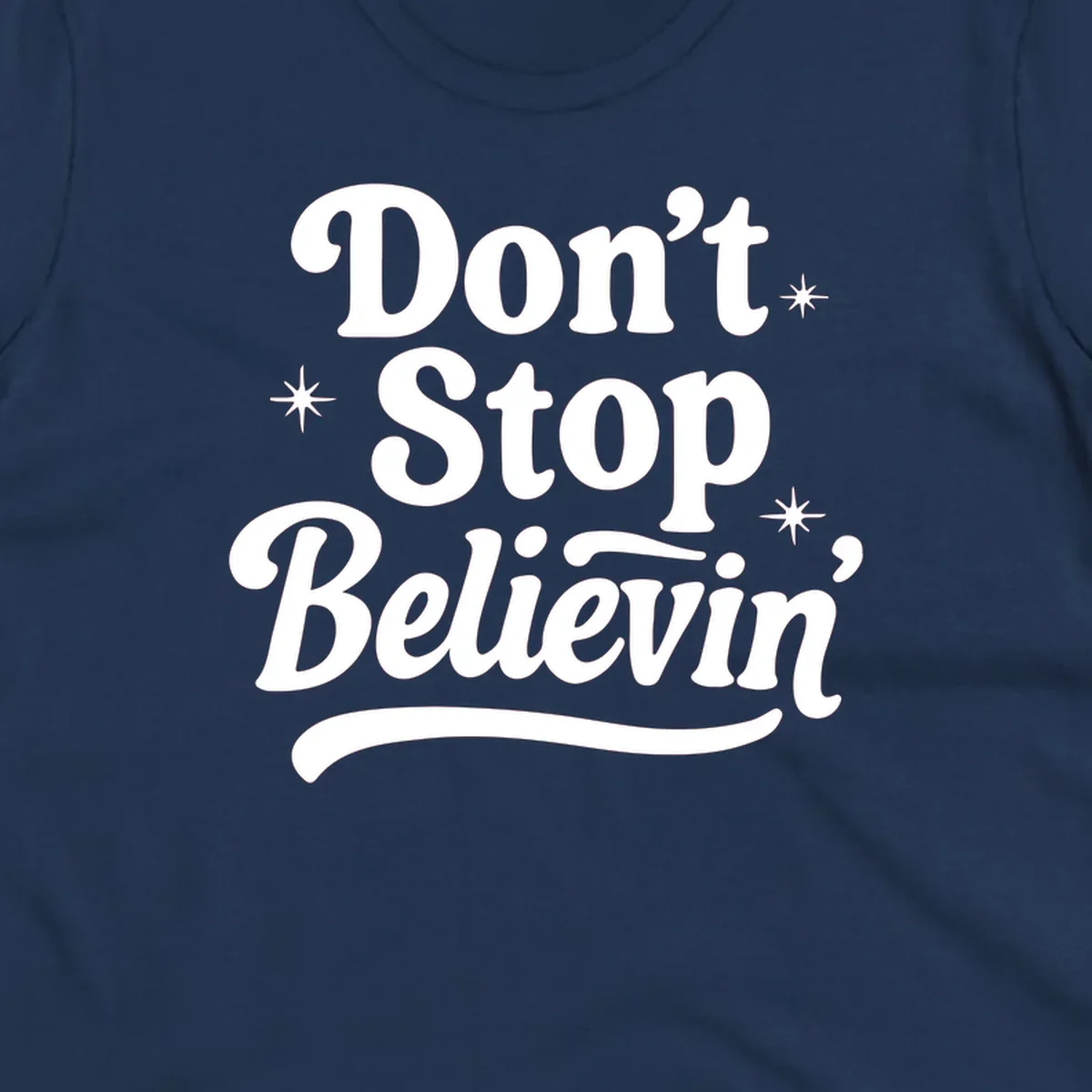 White retro typography 'Don't Stop Believin'' with starbursts on black background.