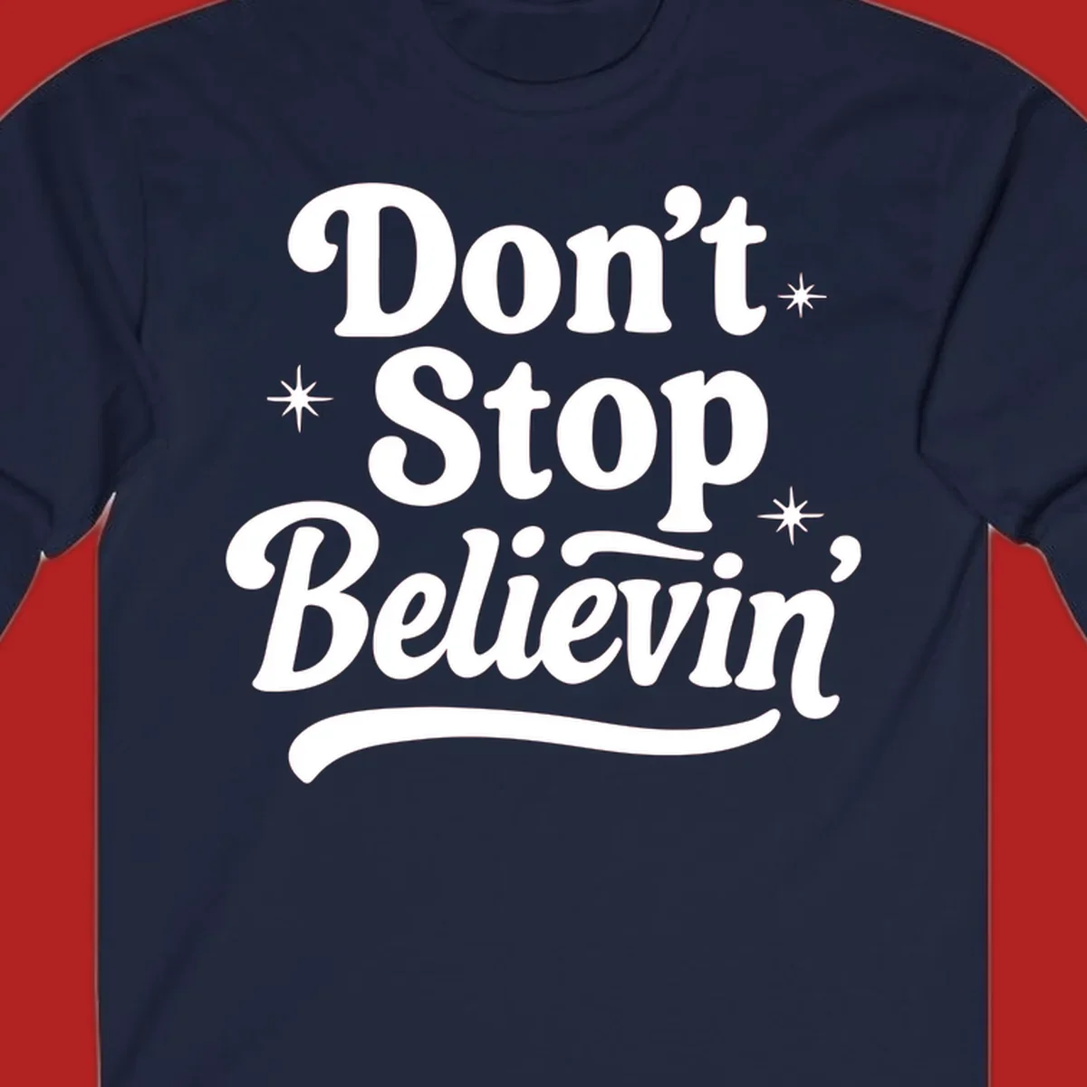 White retro typography 'Don't Stop Believin'' with starbursts on black background.