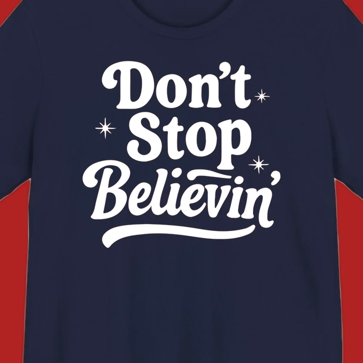 White retro typography 'Don't Stop Believin'' with starbursts on black background.
