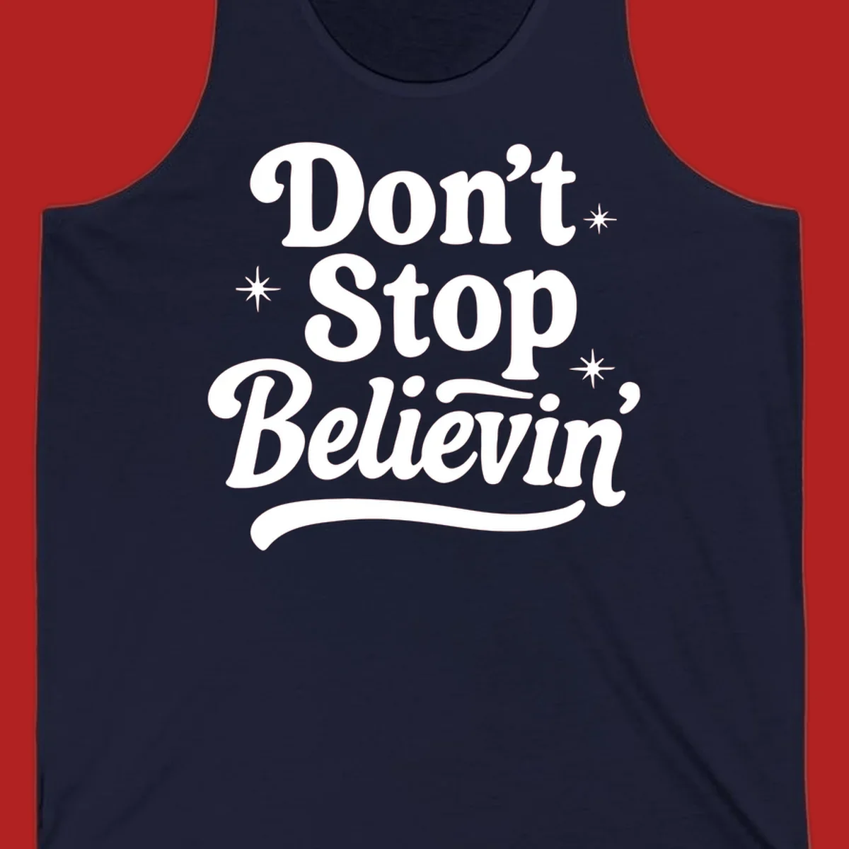 White retro typography 'Don't Stop Believin'' with starbursts on black background.
