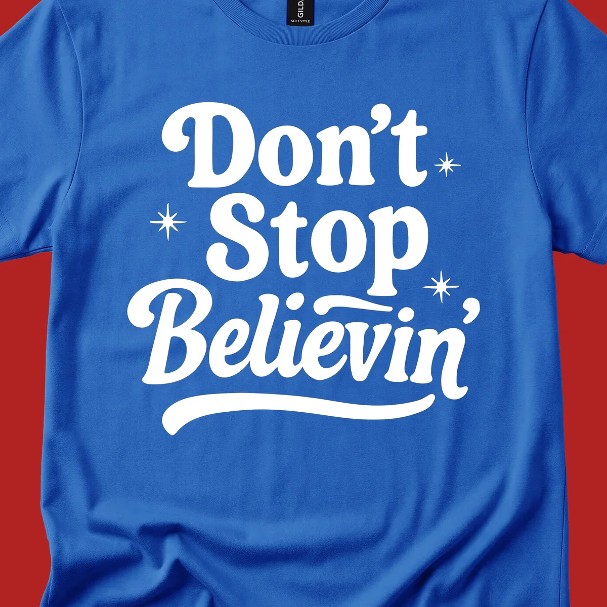 White retro typography 'Don't Stop Believin'' with starbursts on black background.