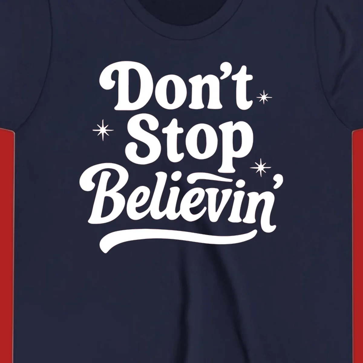 White retro typography 'Don't Stop Believin'' with starbursts on black background.