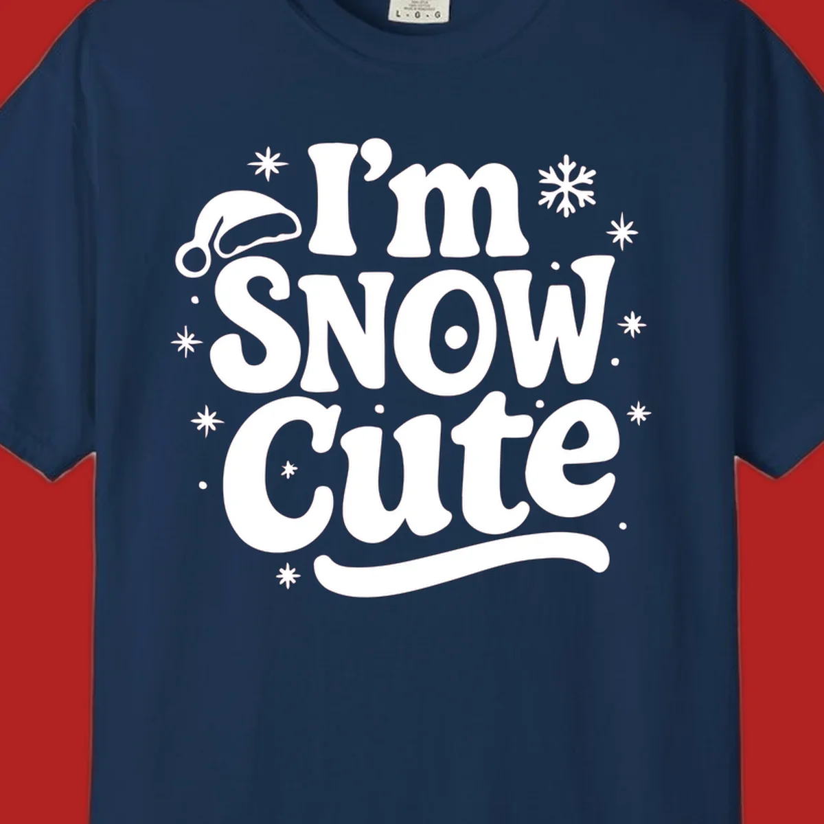 I'm Snow Cute holiday graphic with Santa hat and snowflakes.