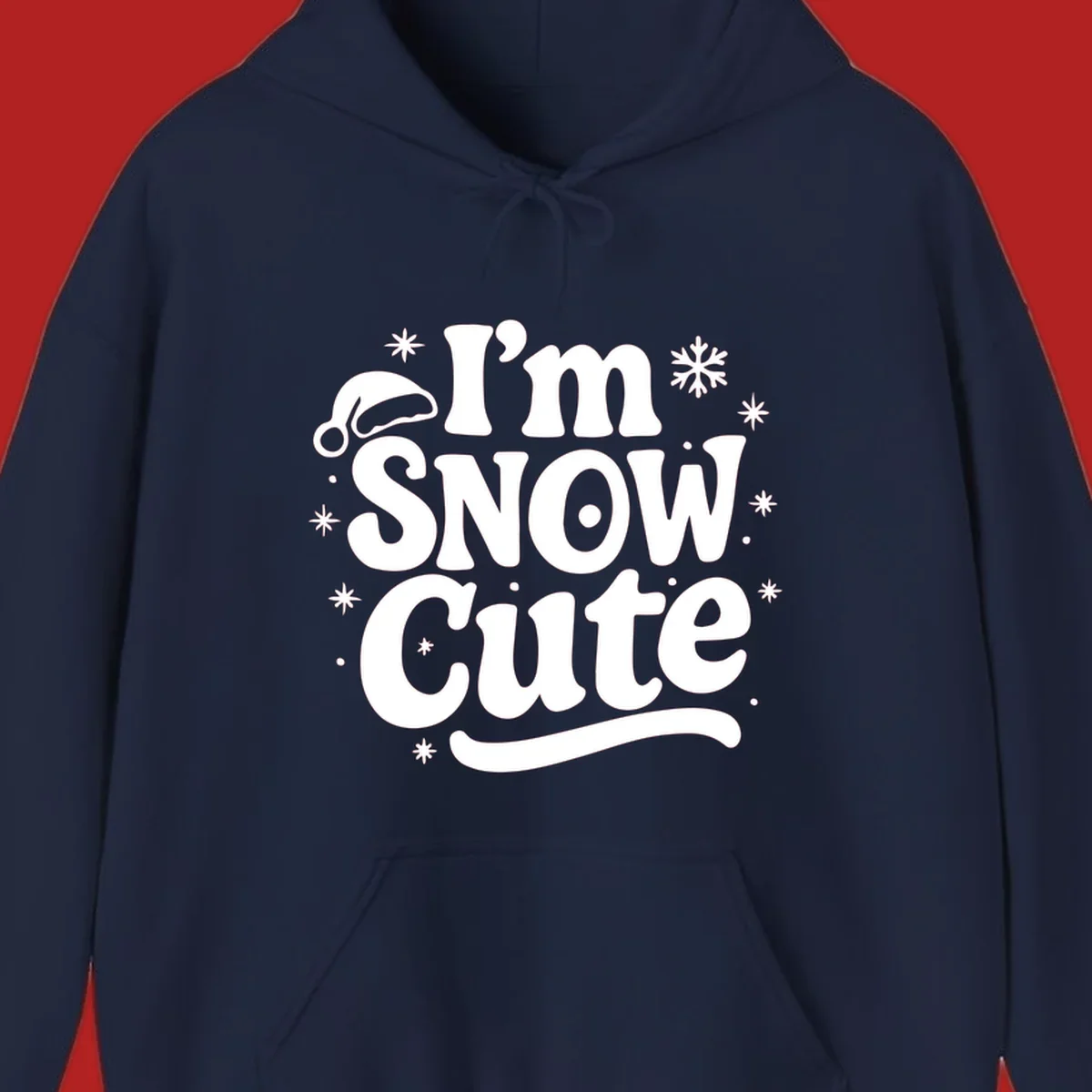 I'm Snow Cute holiday graphic with Santa hat and snowflakes.