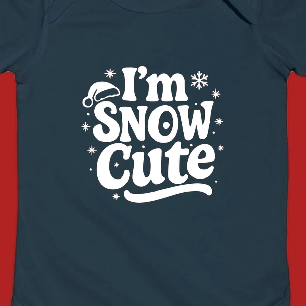 I'm Snow Cute holiday graphic with Santa hat and snowflakes.