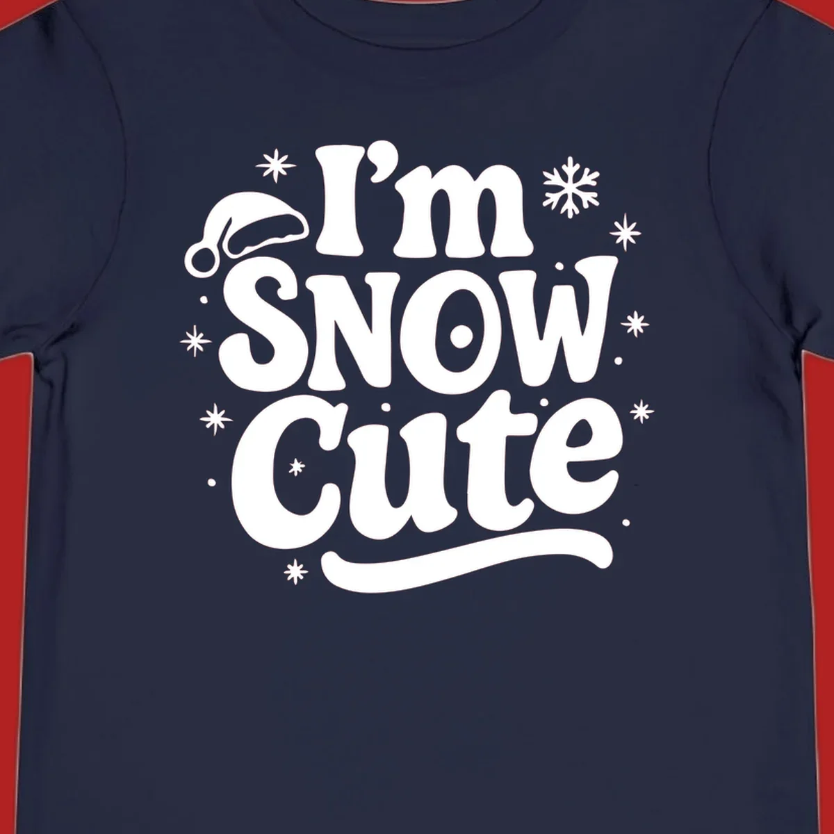 I'm Snow Cute holiday graphic with Santa hat and snowflakes.