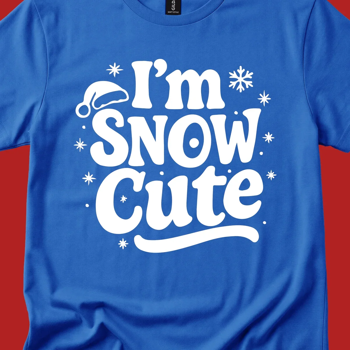I'm Snow Cute holiday graphic with Santa hat and snowflakes.